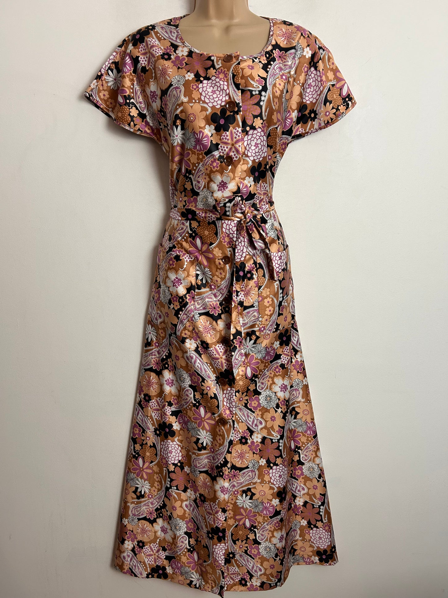 Vintage 1970s UK Size 6-8 Dusky Pink & Coral Floral Print Belted Maxi Dress