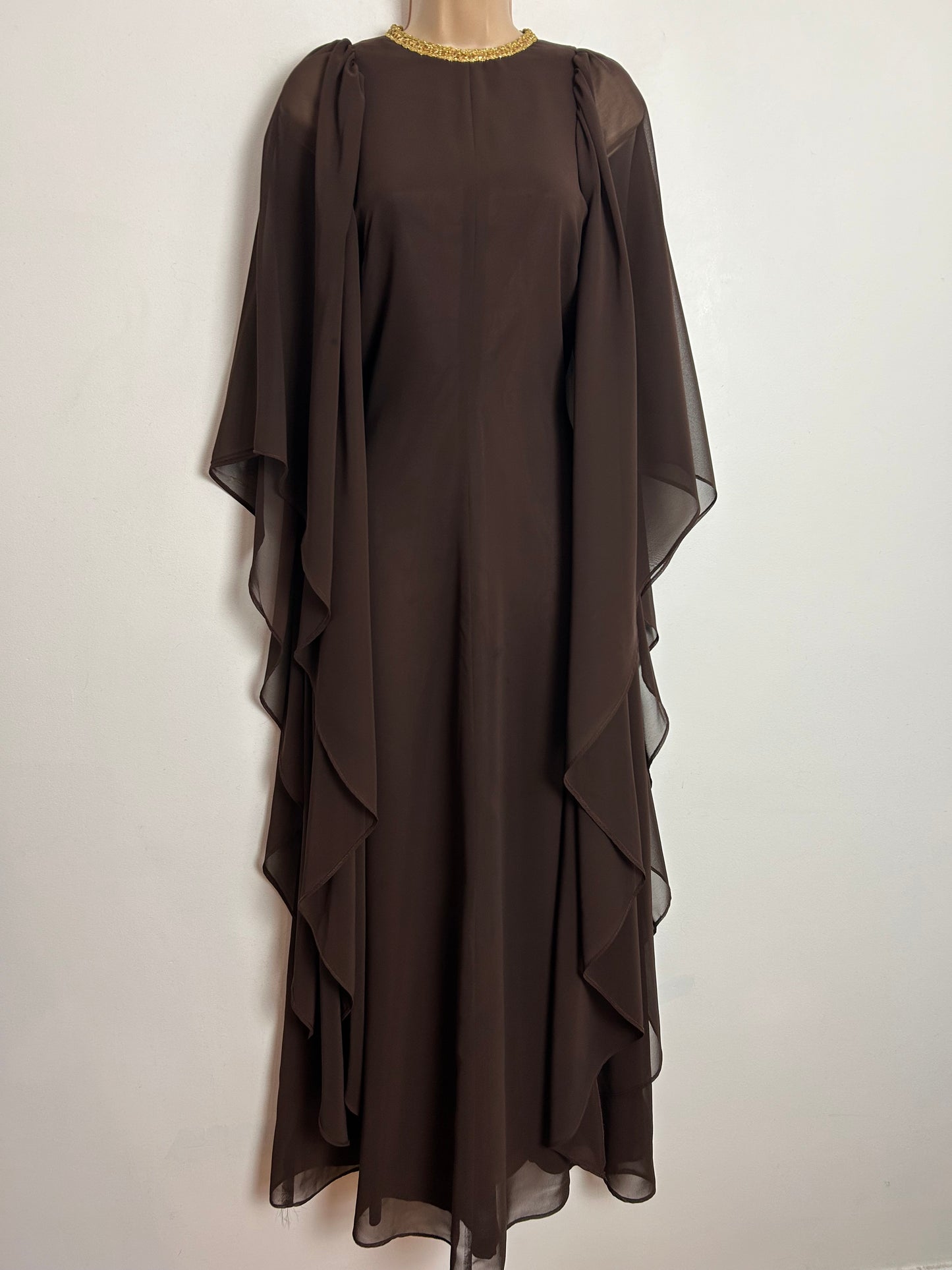 Vintage Late 1960s FIONA UK Size 10 Chocolate Brown Gold Braid Trim Very Wide Floaty Sleeve Occasion Maxi Dress