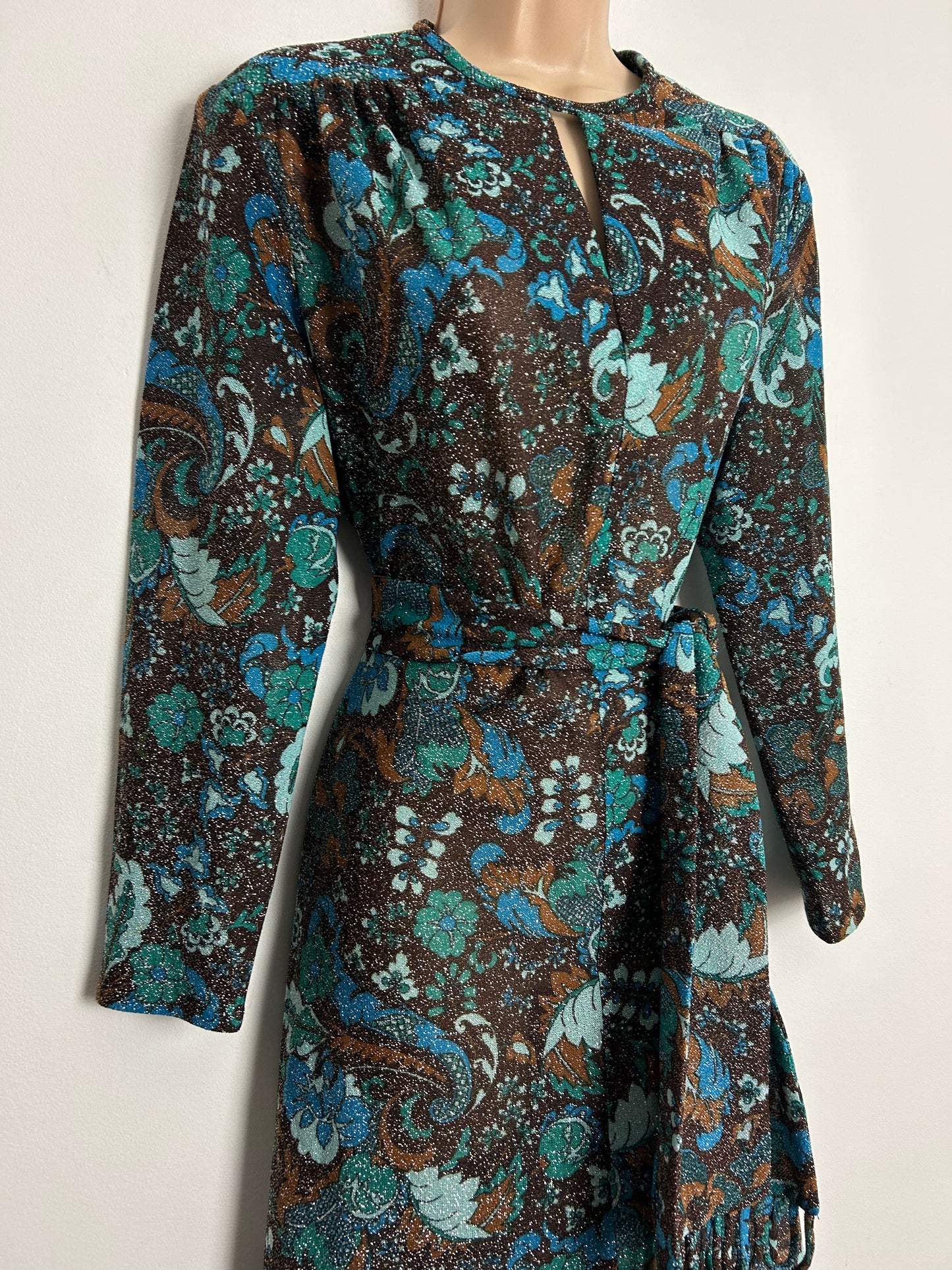 Vintage 1960s CARNEGIE OF LONDON UK Size 16-18 Brown Blue & Green Floral Print Glittery Lurex Belted Occasion Maxi Dress