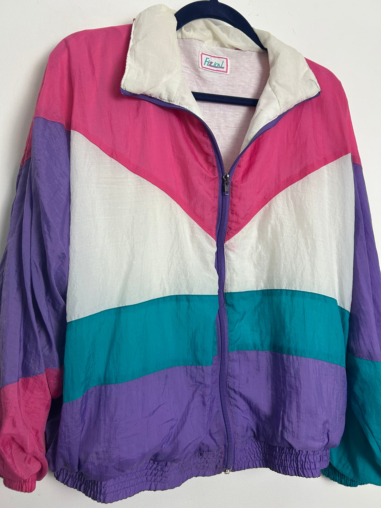 Vintage 1980s FIZZICAL Upto Size 14 Pink White Teal & Purple Shell Suit Jacket