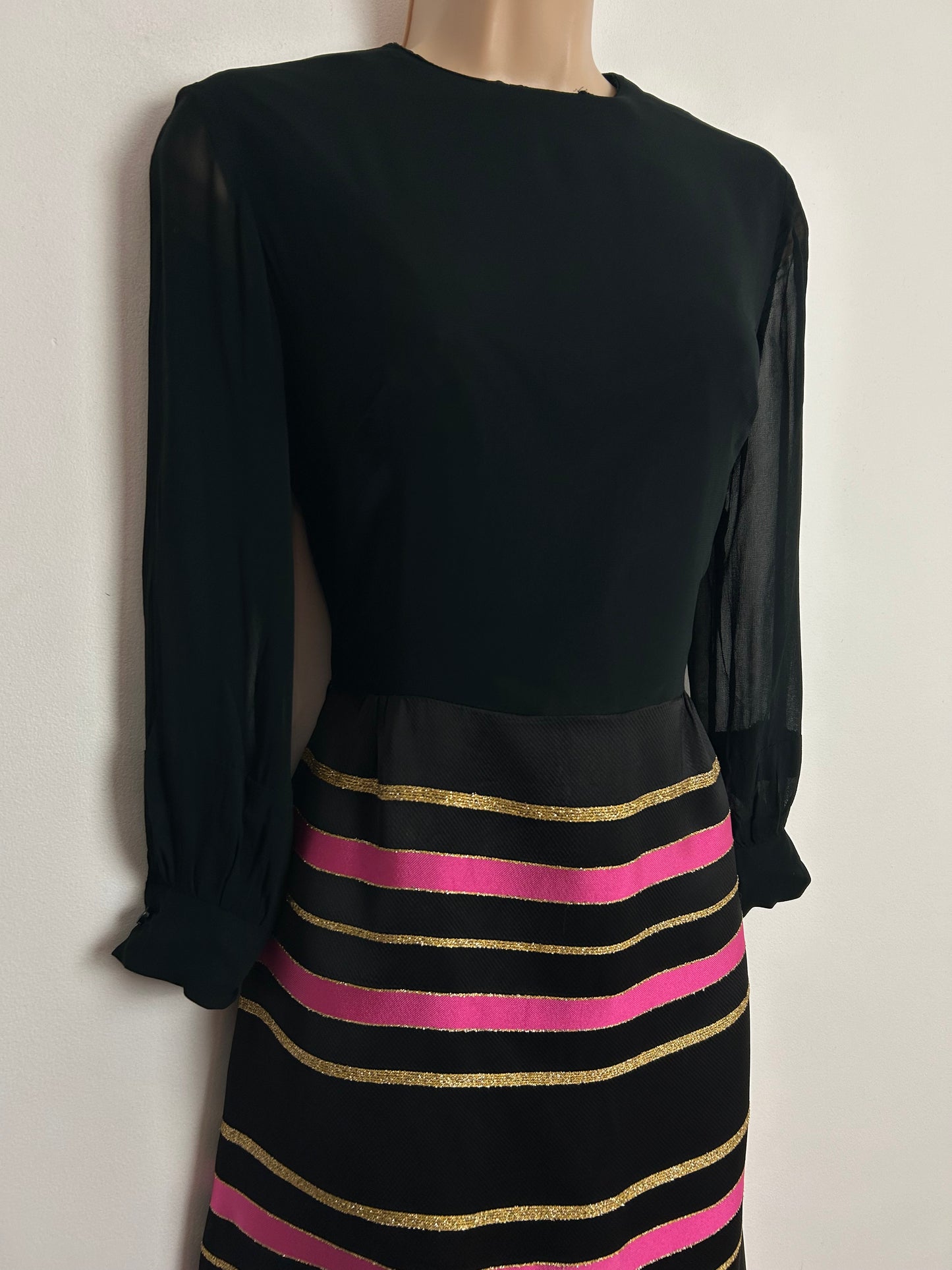 Vintage 1970s EASTEX UK Size 10 Black Pink & Gold Stripe Long Sleeve Occasion Evening Maxi Dress