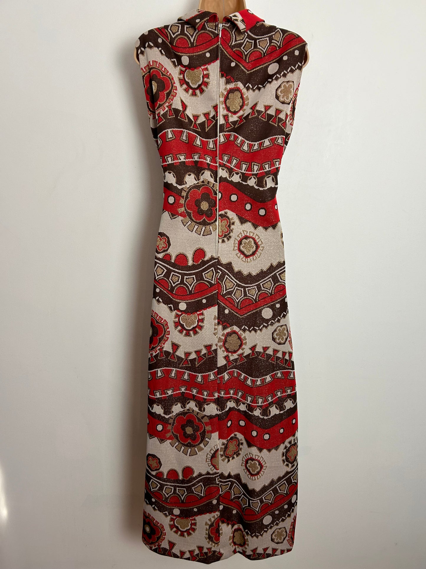 Vintage 1970s UK Size 12 Red Brown Beige & Gold Lurex Abstract Print Column Evening Occasion Maxi Dress