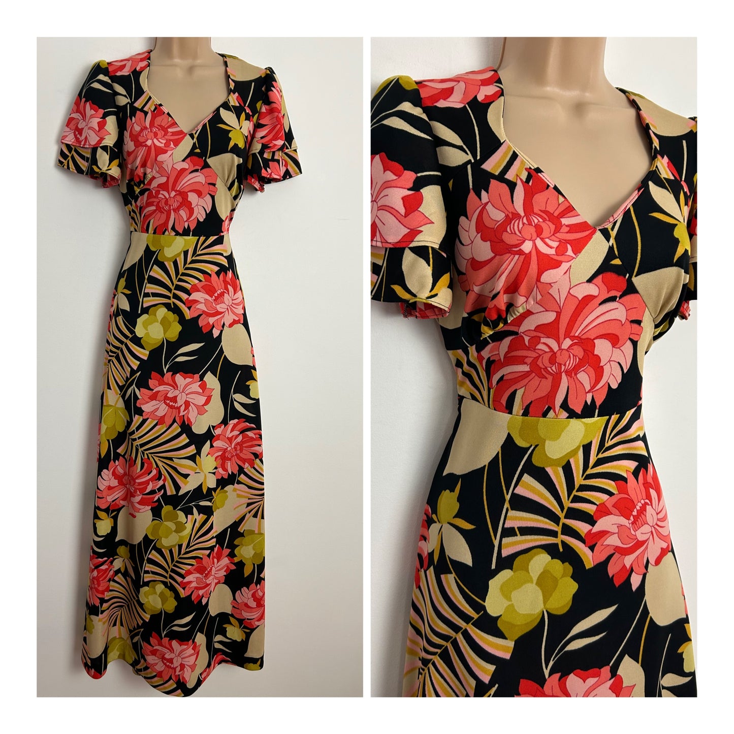 Vintage 1970s Size 10 Black Beige & Coral Tones Floral Print Short Sleeve Tie Back Maxi Dress
