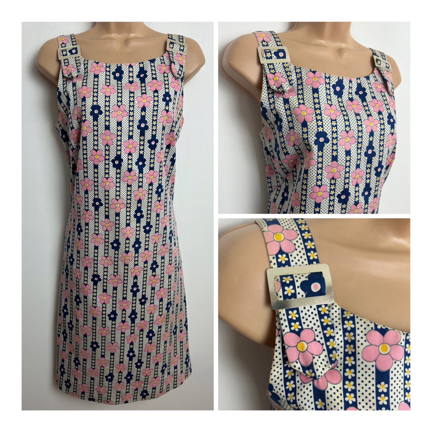 Vintage 1960s Size 8 White Pink & Navy Blue Daisy Stripe & Polka Dot Print Cotton Mod Shift Dress