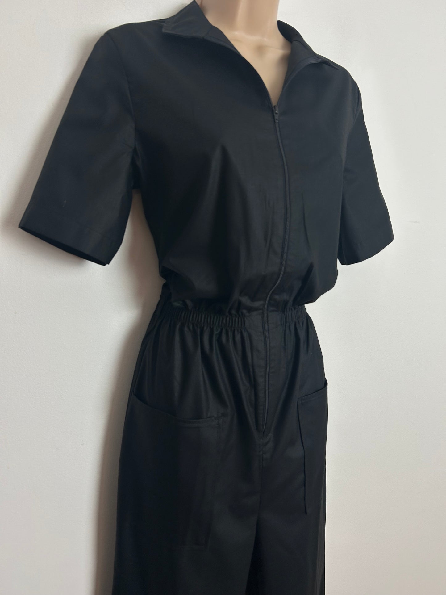 Vintage Late 1970s/Early 1980s ST MICHAEL Size 10 Black Zip Front Straight Cotton Mix Boiler Suit Jumpsuit