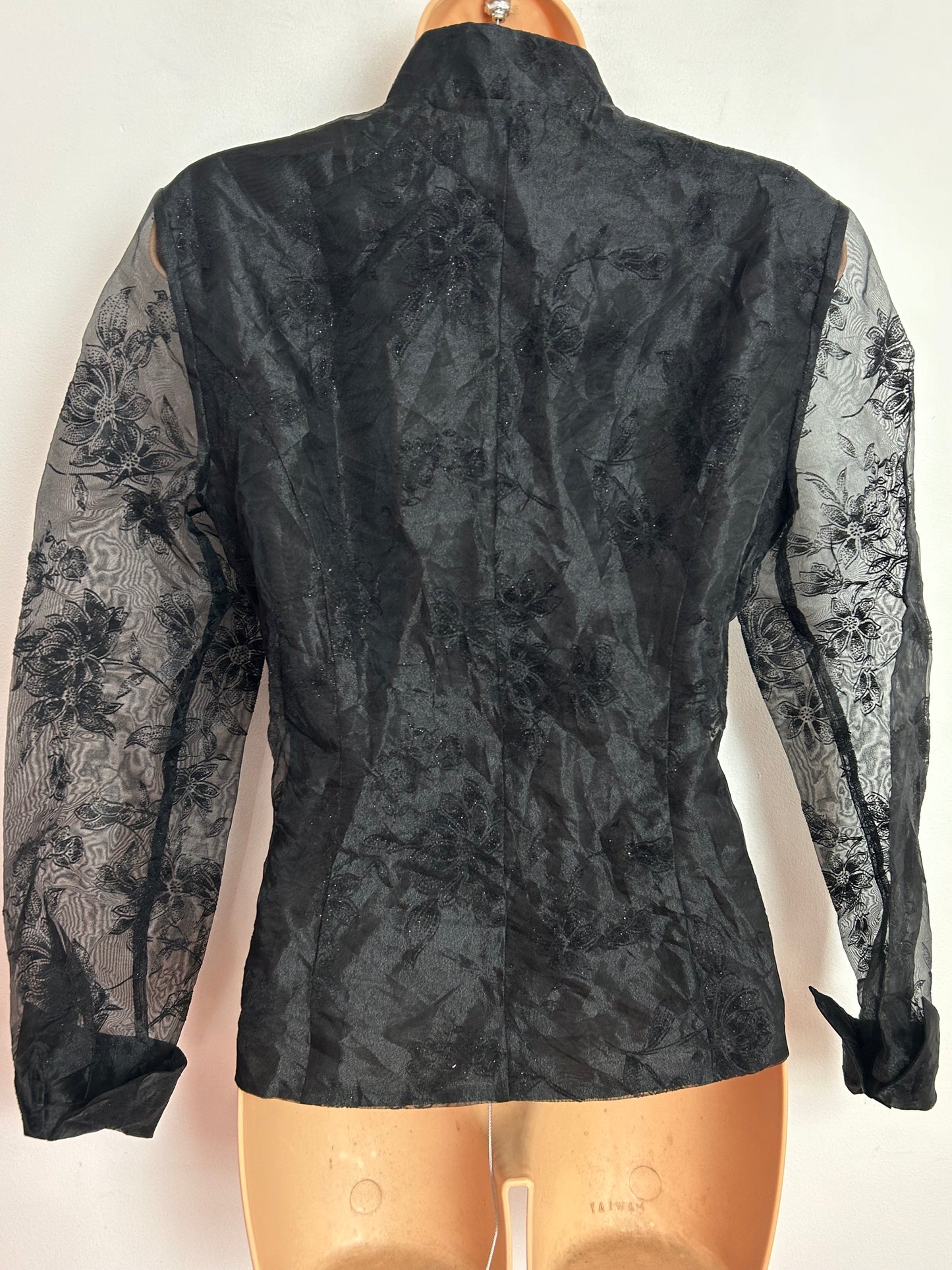 Vintage 1980s ALEX EVENINGS UK Size 12 Organza Chiffon Velvet Flock Long Sleeve Blouse