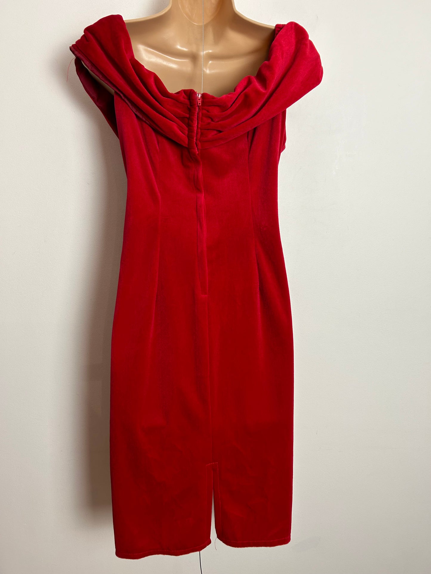 Vintage 1980s UK Size 12 Red Velvet Velour Bardot Neck Corsage Detail Xmas Party Occasion Dress