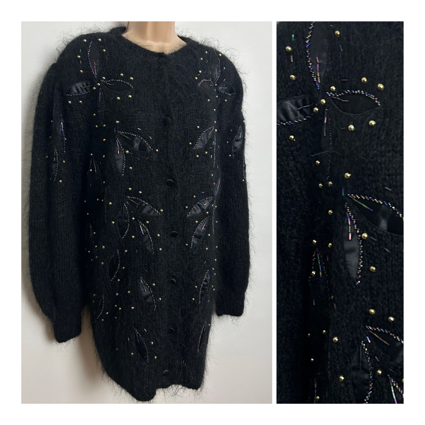 Vintage 1980s Up To Size 18 Black Mohair & Wool mix Satin & Bead Floral Applique Detail Fully Lined Cardigan