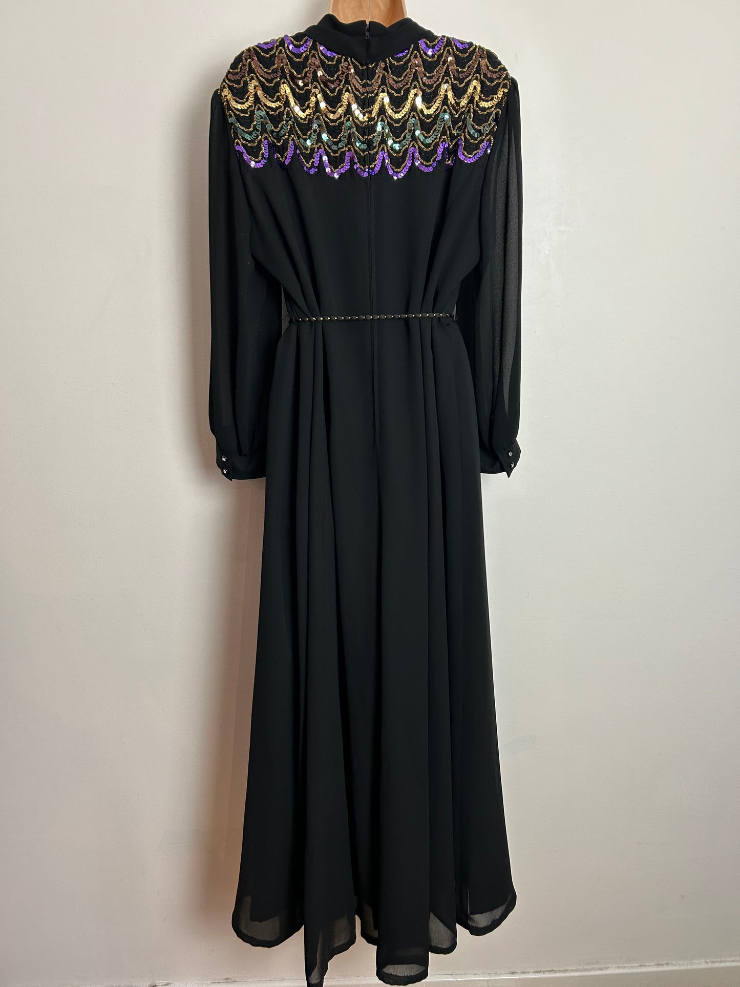 Vintage 1970s ESCO SPECIAL UK Size 16 Black Chiffon Gold & Purple Sequin & Braid Trim Belted Occasion Evening Maxi Dress