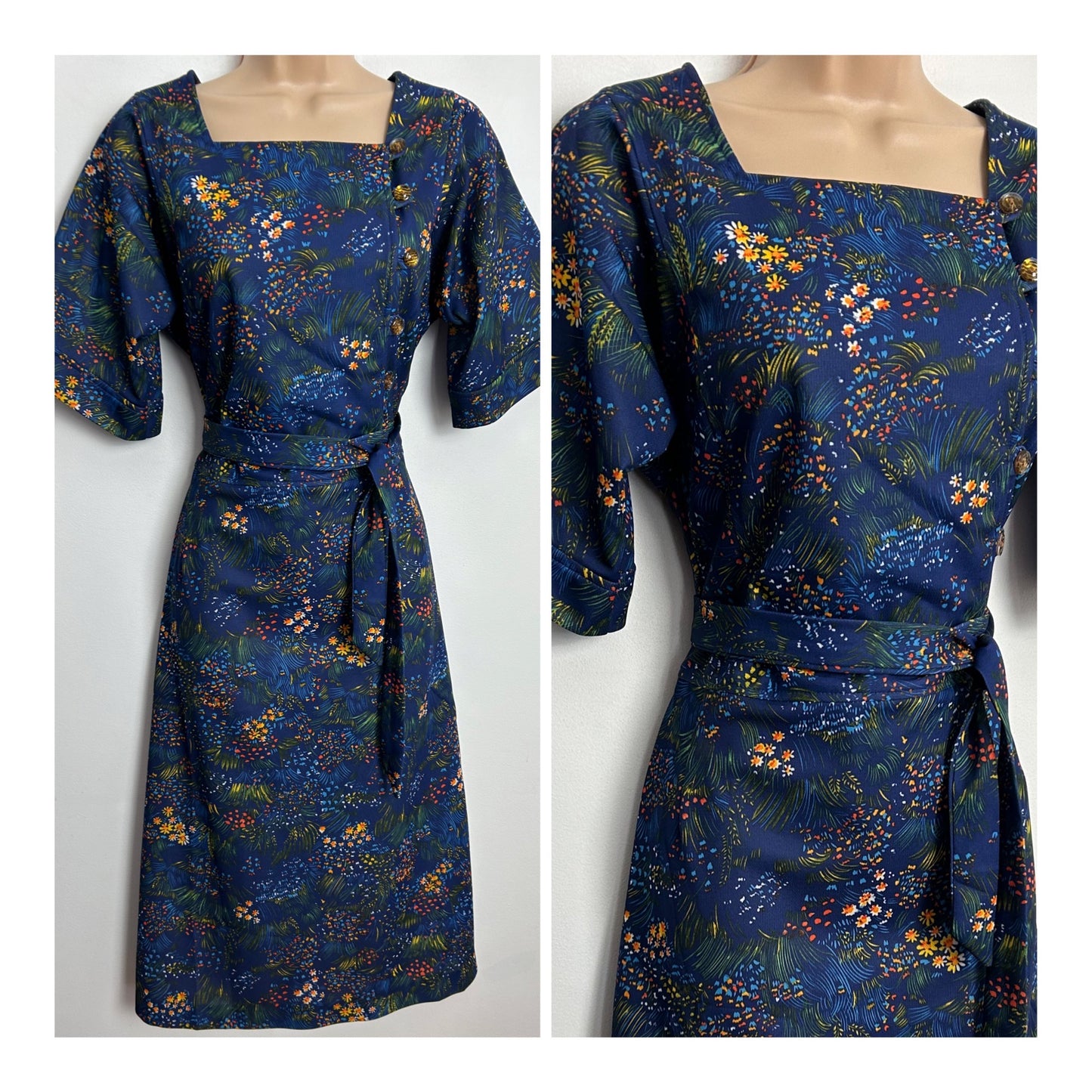 Vintage 1970s UK Size 8 Navy Blue & Orange Floral Print Short Sleeve Belted Day Dress