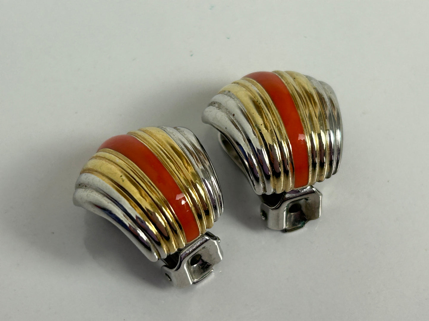 Vintage 1980s Silver & Gold Tones & Coral Enamel Art Dec Style Clip On Earrings