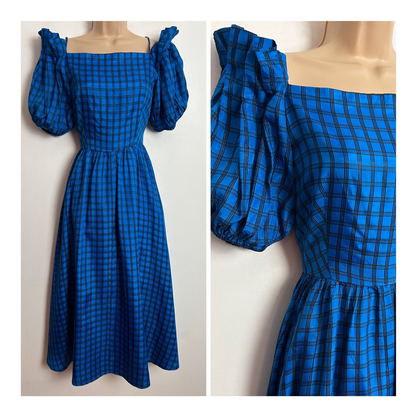 Vintage 1980s NICKI FERRARI UK Size 6 Blue & Black Check Print Pleated Shoulder Puff Sleeve Party Dress
