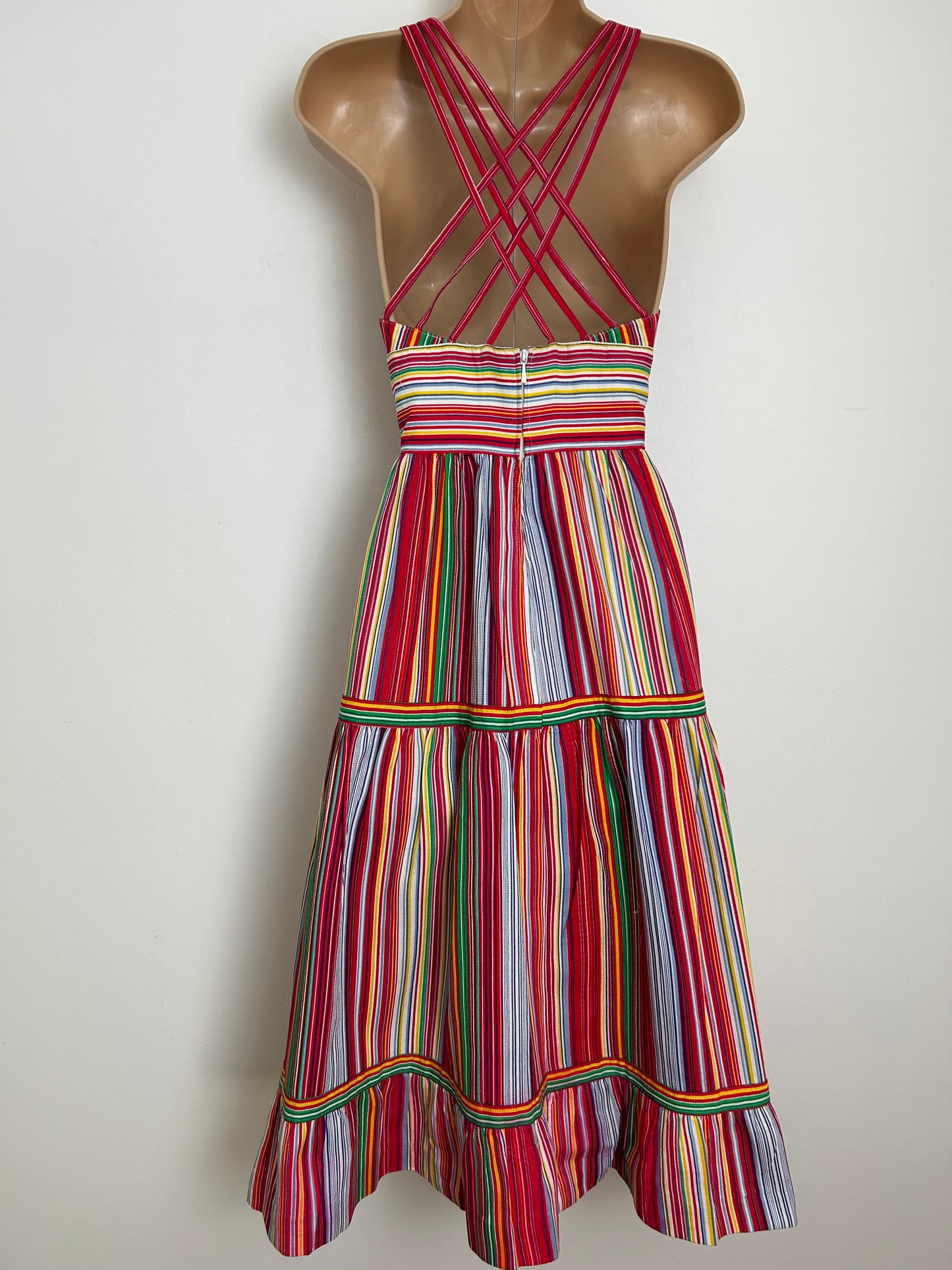Vintage Late 1970s Size 6-8 Multi Stripe Cross Strap Plunge Neck Summer Sundress