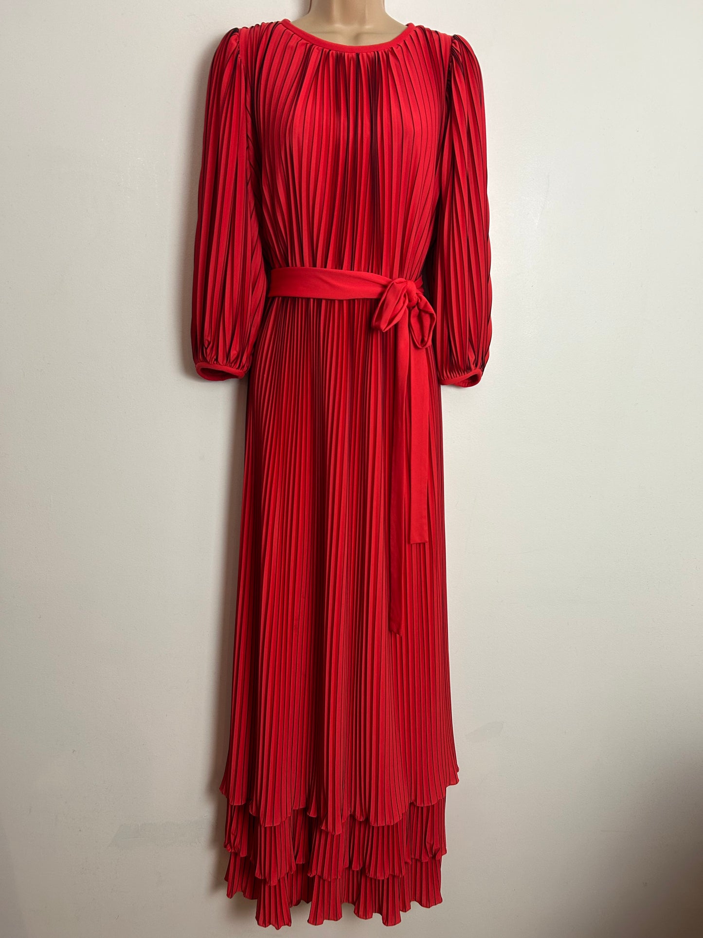 Vintage Late 1970s PETER ELLIS UK Size 10 Red & Black Stripe Edged Accordion Pleated Belted Occasion Maxi Dress
