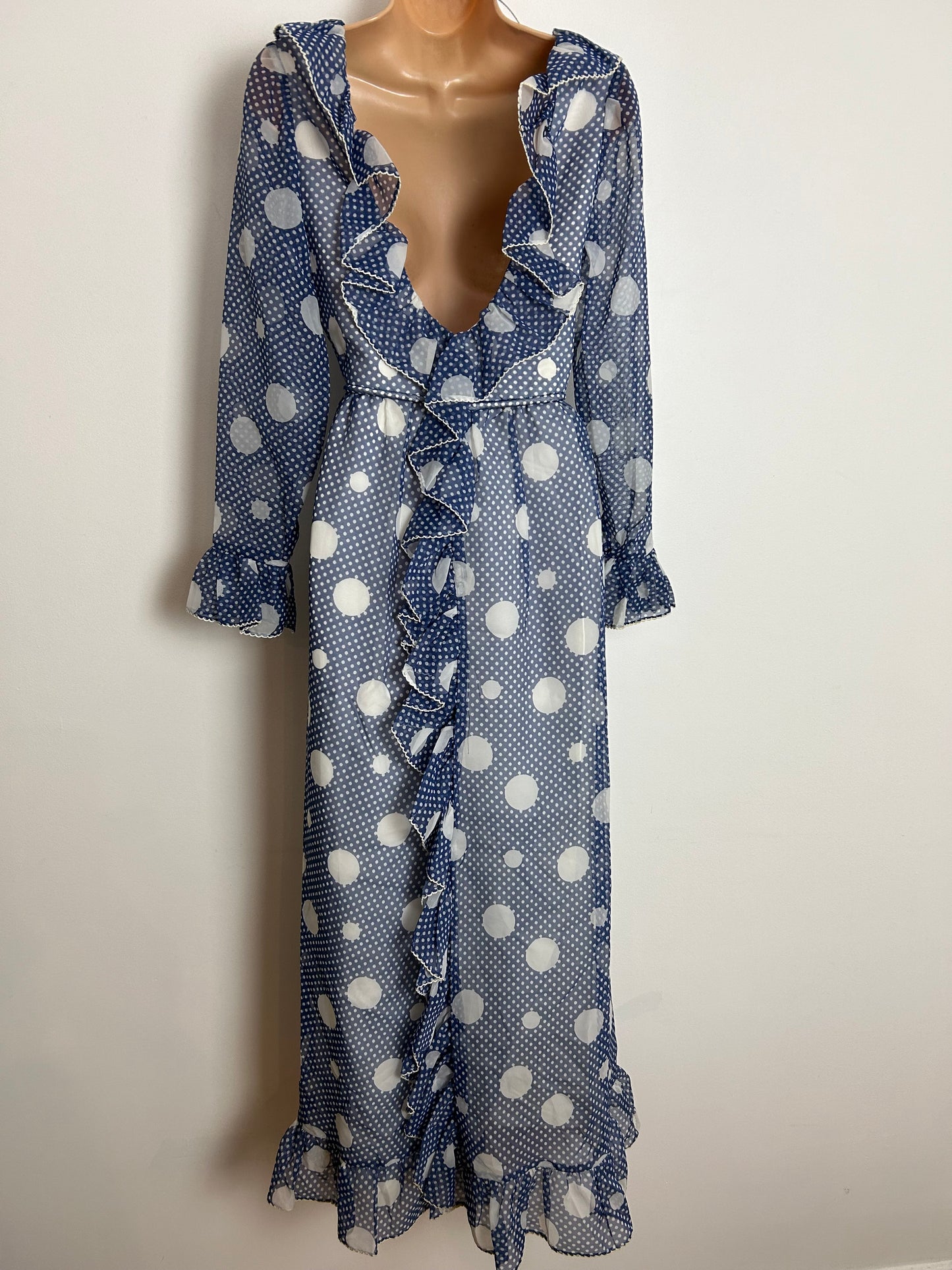 Vintage Early 1970s SUSAN SMALL UK Size 8 Blue & White Polka Dot & Spotty Open Back Ruffle Trim Detail Long Sleeve Maxi Dress