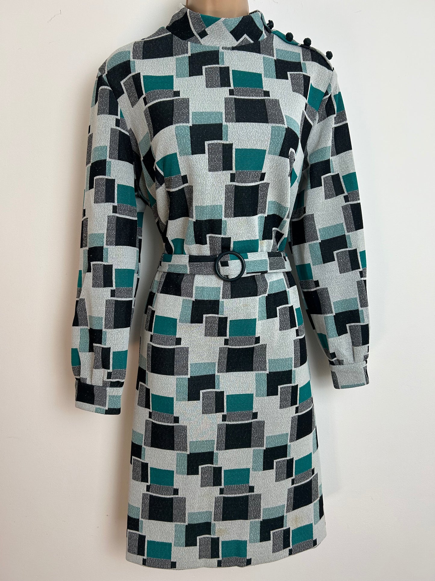 Vintage 1960s Size 16 Teal Black & White Geo Square Print Crimplene Belted Long Sleeve Mod Dress