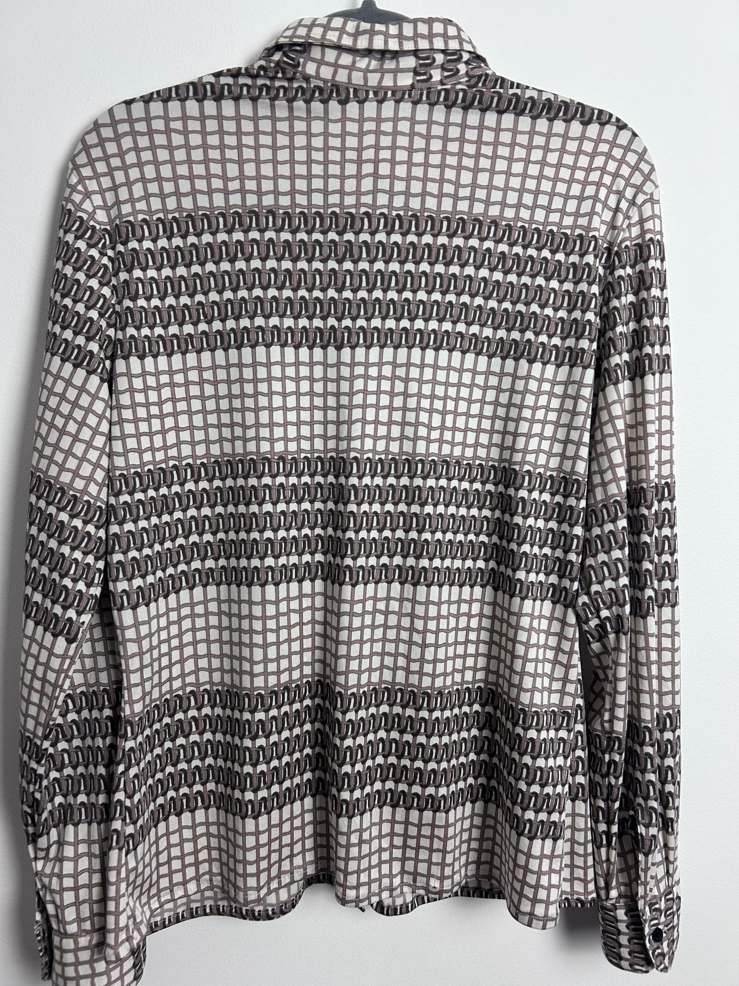 Vintage 1970s Size 12 White Mocha Brown Woven Abstract Print Long Sleeve Shirt