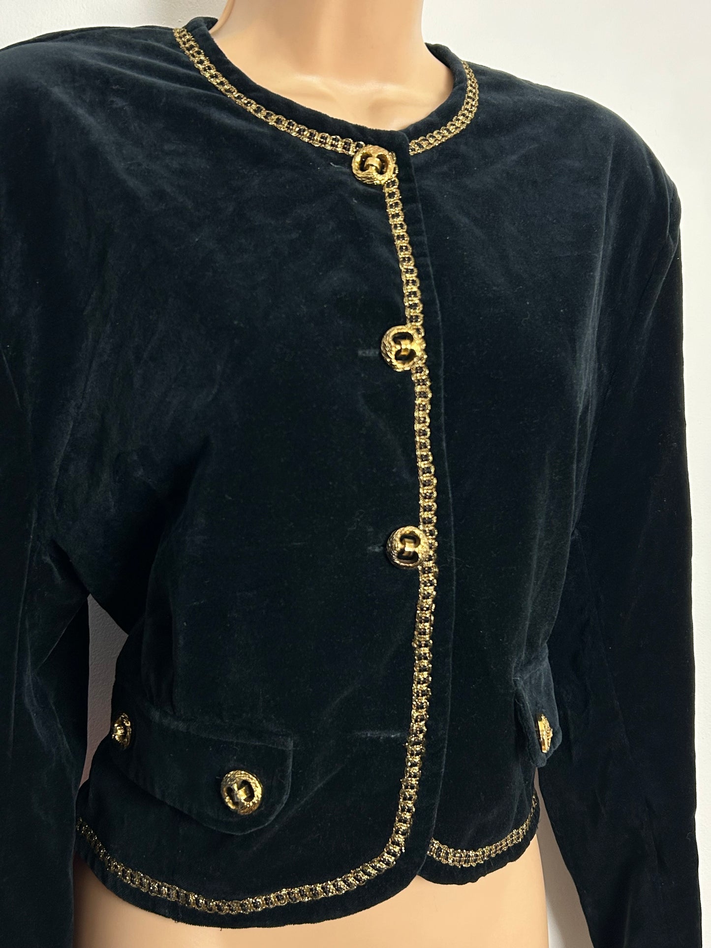 Vintage 1980s Size 14-16 Black & Gold Braid Trim Velvet Evening Jacket