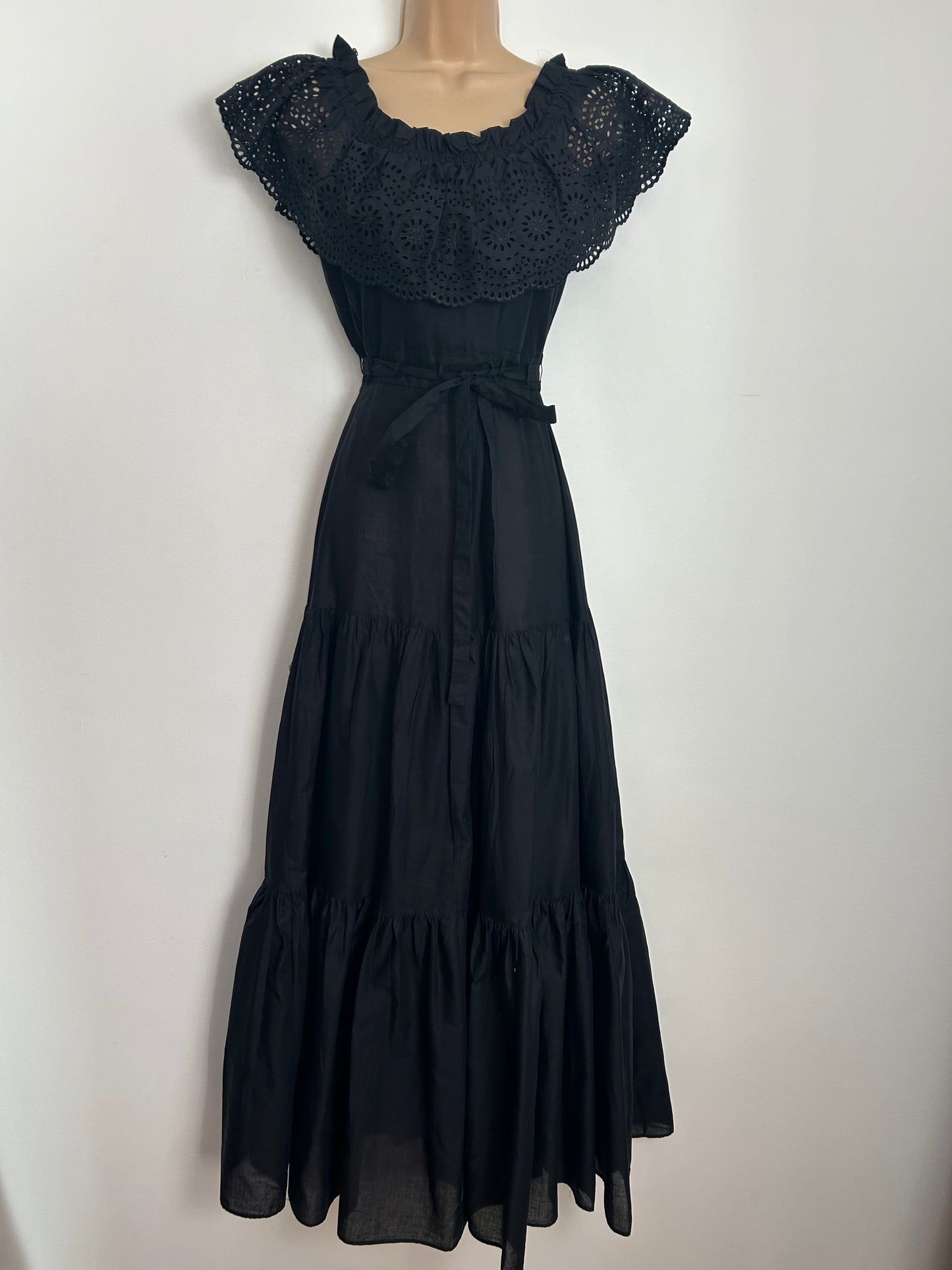 Vintage 1970s Size 6 VERA MONT PARIS Black Cotton Bertha Collar Boho Prairie Maxi Dress