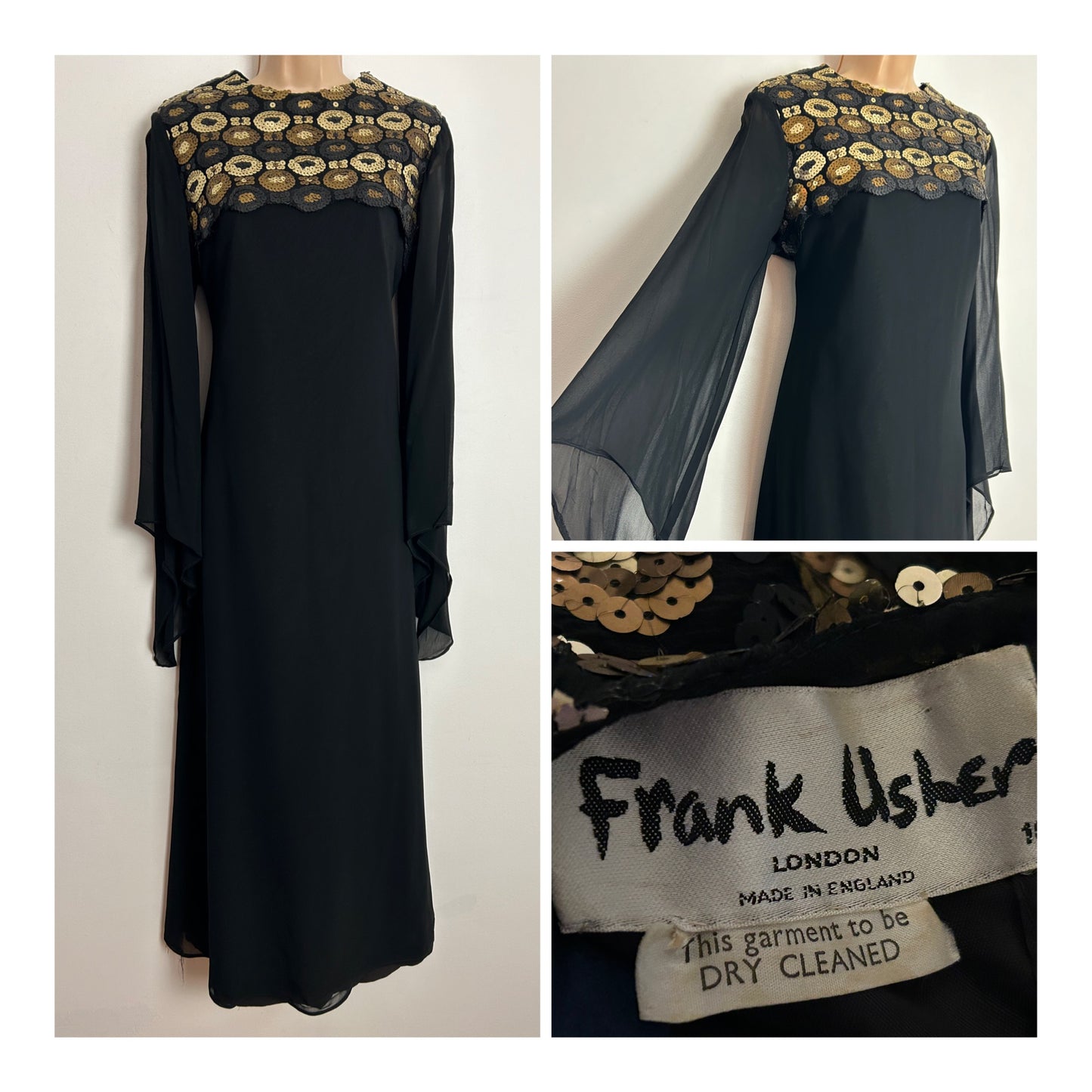 Vintage 1960s FRANK USHER UK Size 10 Black Chiffon Occasion Maxi Dress With Gold Bronze & Pewter Sequin Detailing