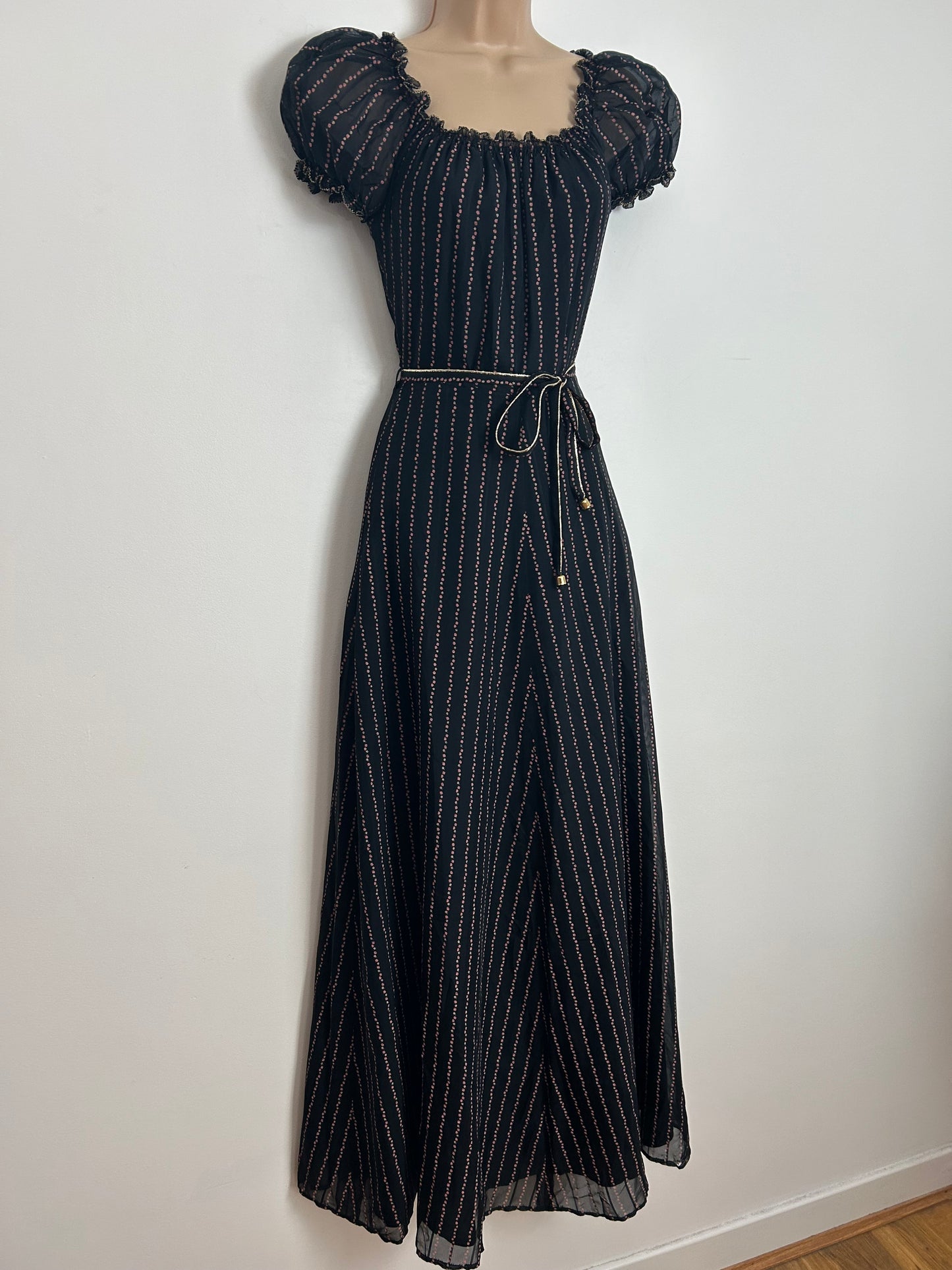 Vintage 1970s PUSZTA Size 6 Black & Dusky Pink Floral Stripe Print On/Off Shoulder Short Sleeve Belted Maxi Dress