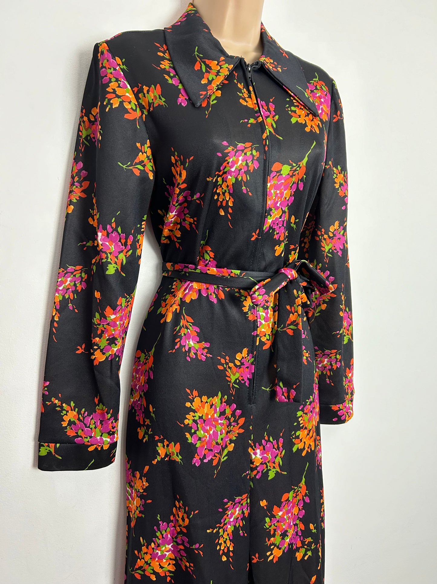 Vintage 1970s UK Size 10-12 Black Orange & Pink Floral Print Wide Leg Belted Jumpsuit