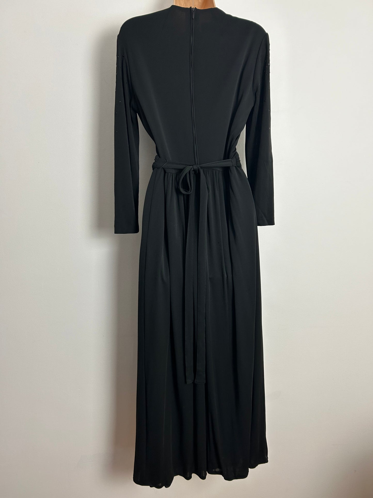Vintage 1970s FINK MODELL UK Size 12 Black Diamante Detail Long Sleeve Belted Evening Occasion Maxi Dress