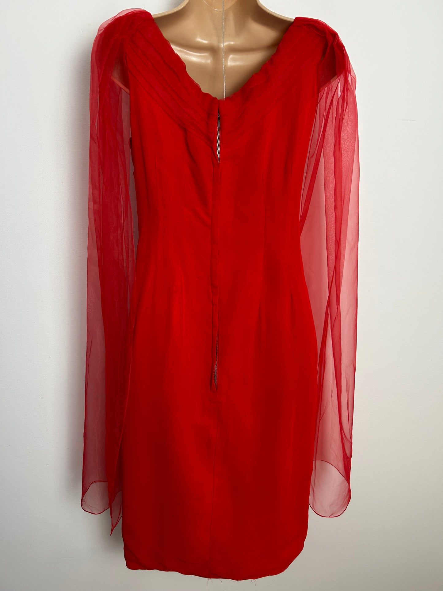 Vintage 1960s Size 8 Red Chiffon Watteau Shoulder Train Fitted Wiggle Occasion Evening Dress