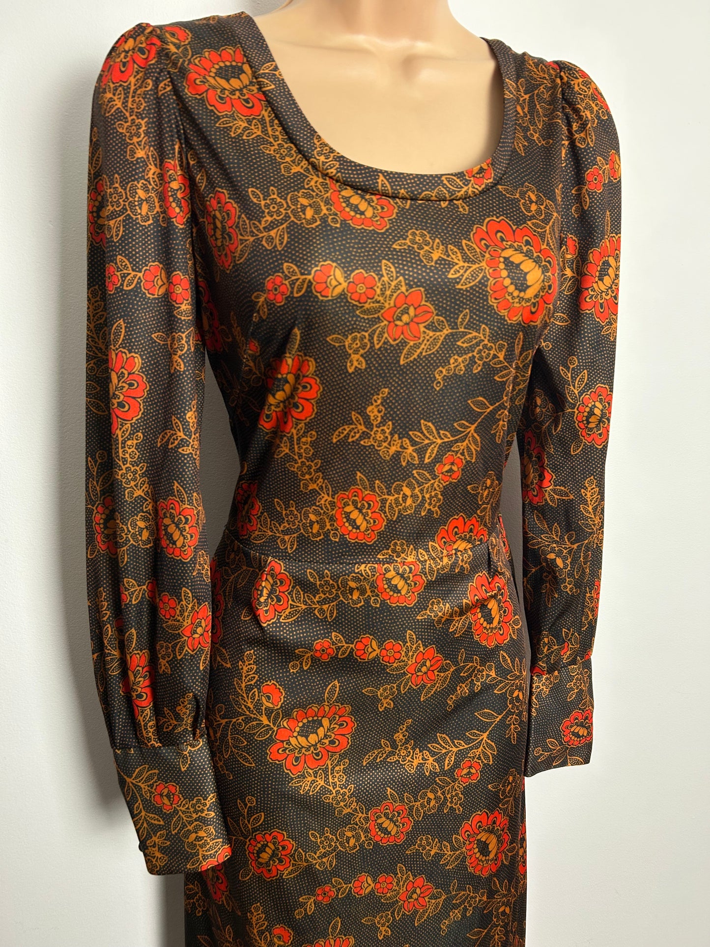 Vintage 1970s Size 8 Brown & Orange Floral & Polka Dot Print Long Sleeve Maxi Dress