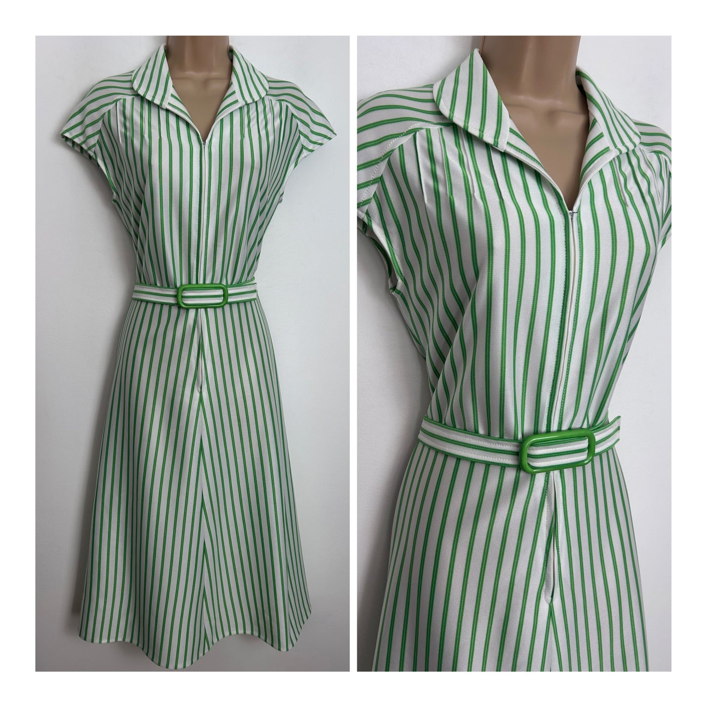 Vintage 1970s Size 10 Green & White Stripe Print Cap Sleeve Belted Fit & Flare Day Dress