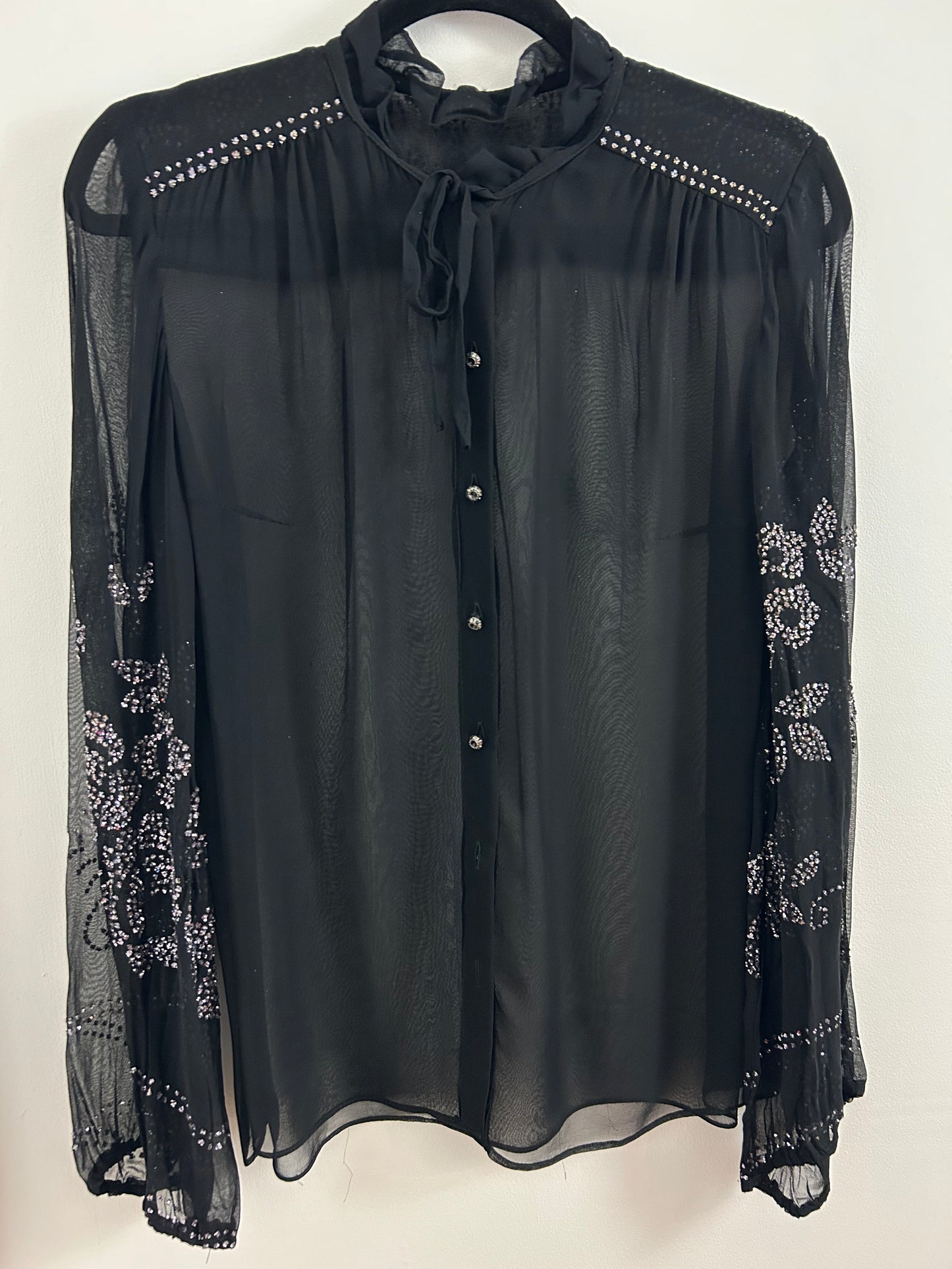 Vintage 1980s UK Size 12 Black Semi Sheer Chiffon Blouse With Silver Glitter Floral Pattern