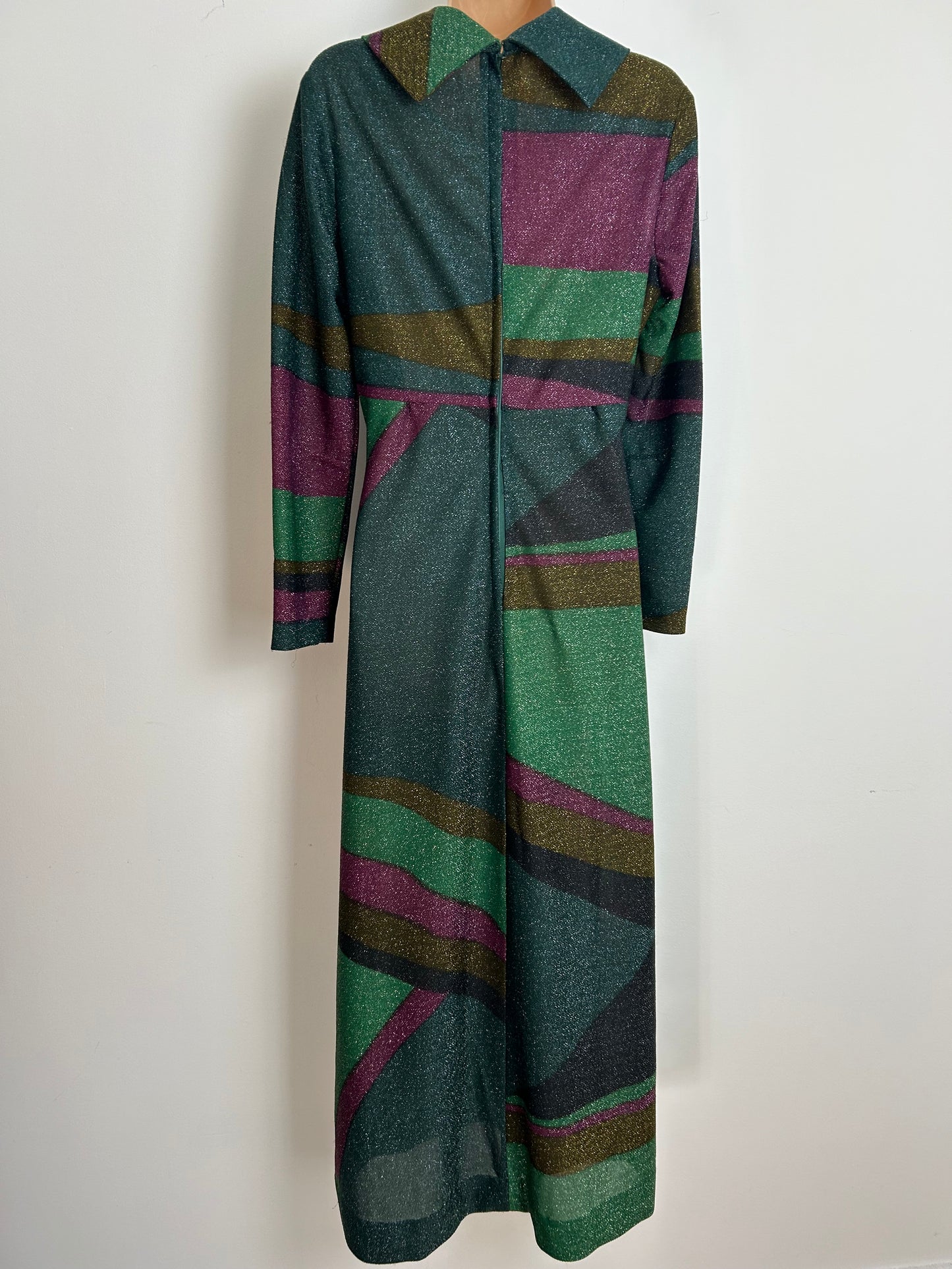 Vintage 1970s MARY WILSON Size 12 Green & Purple Stripe Lurex Long Sleeve Maxi Dress