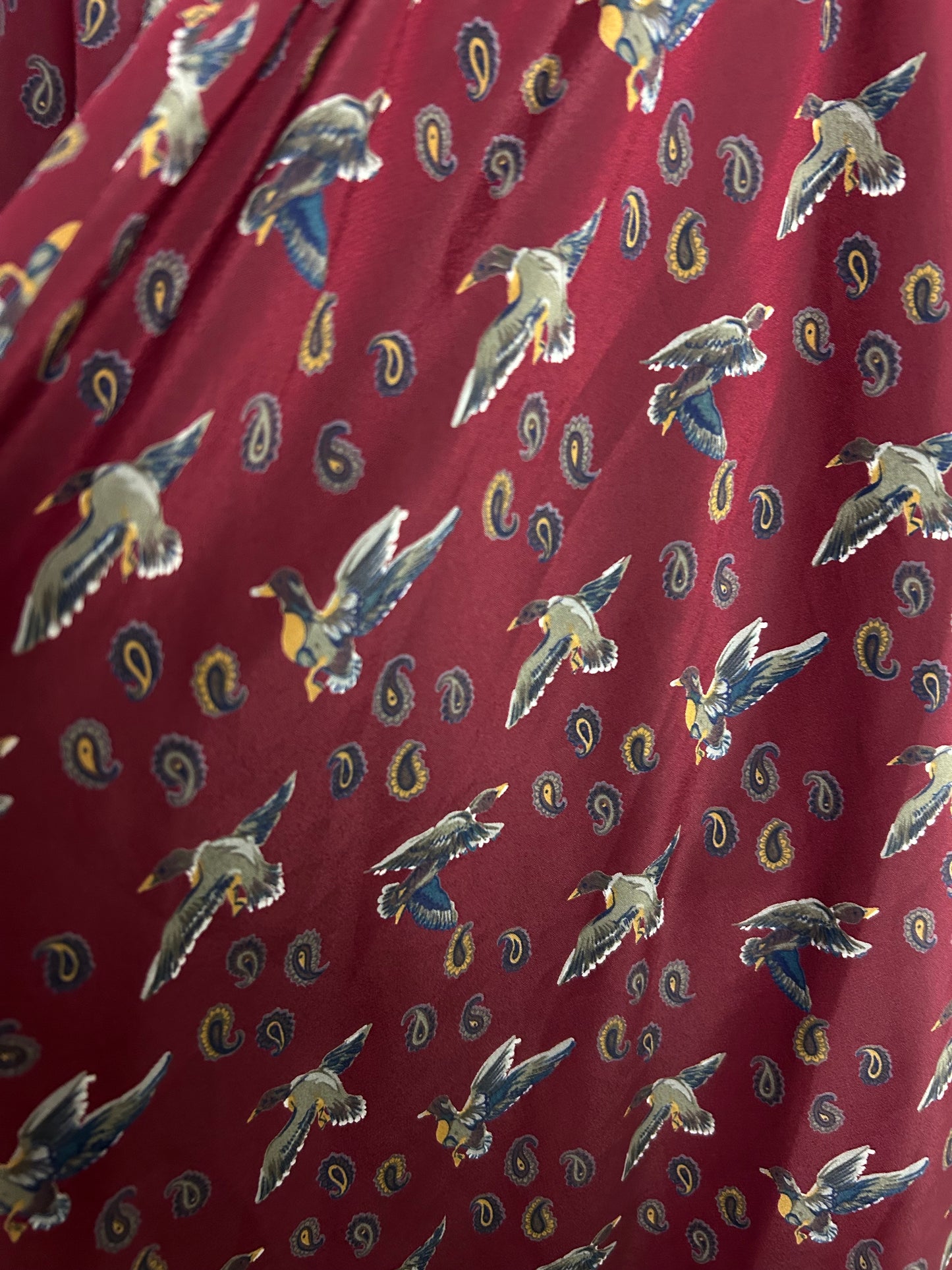 Vintage 1980s JEAN CLAIRE UK Size 14 Dark Red Novelty Duck & Paisley Print Long Sleeve Day Dress