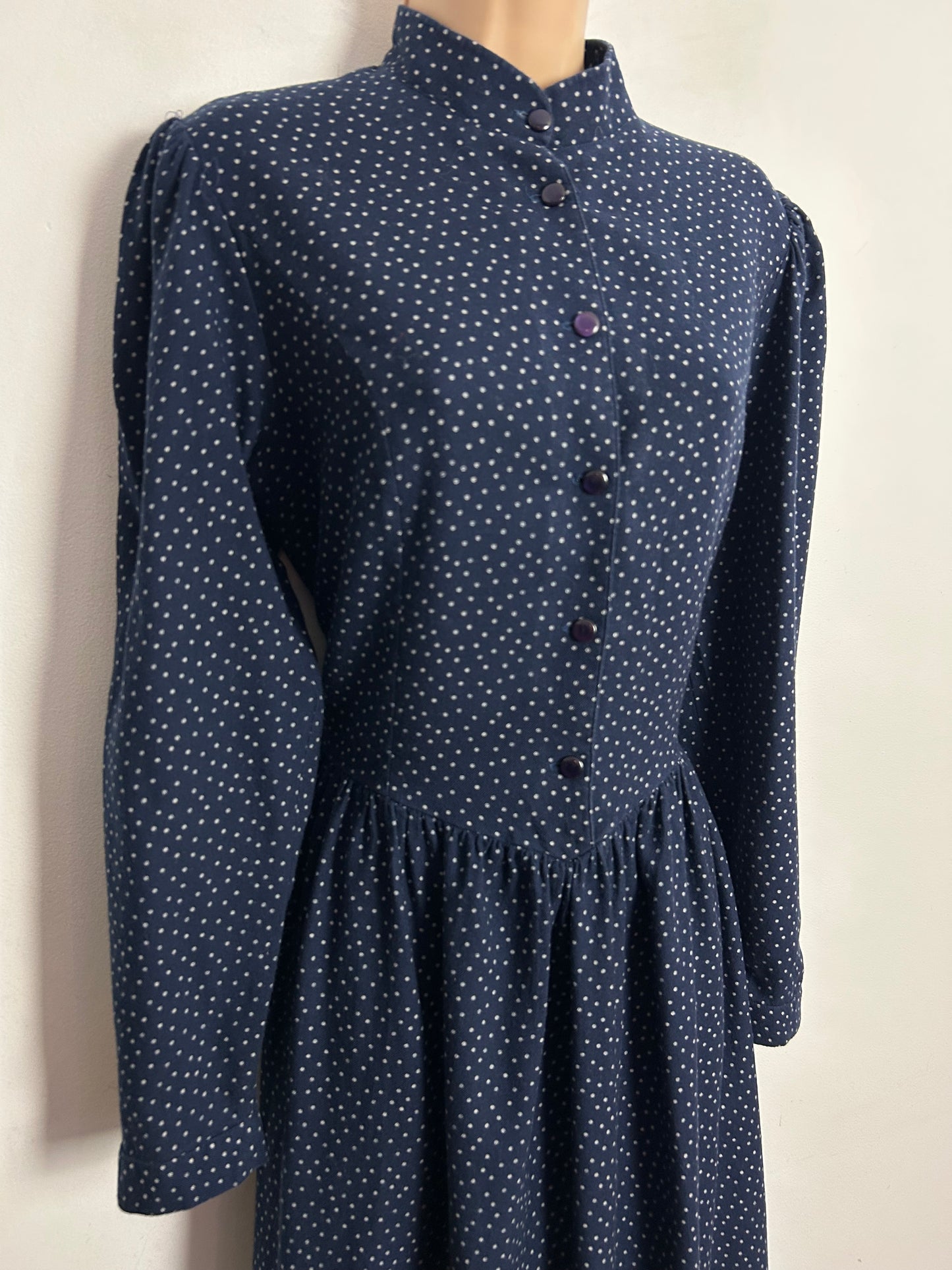 Vintage 1980s LAURA ASHLEY UK Size 10-12 (Size 14 On Label) Navy Blue Polka Dot Print Cotton Long Sleeve Day Dress