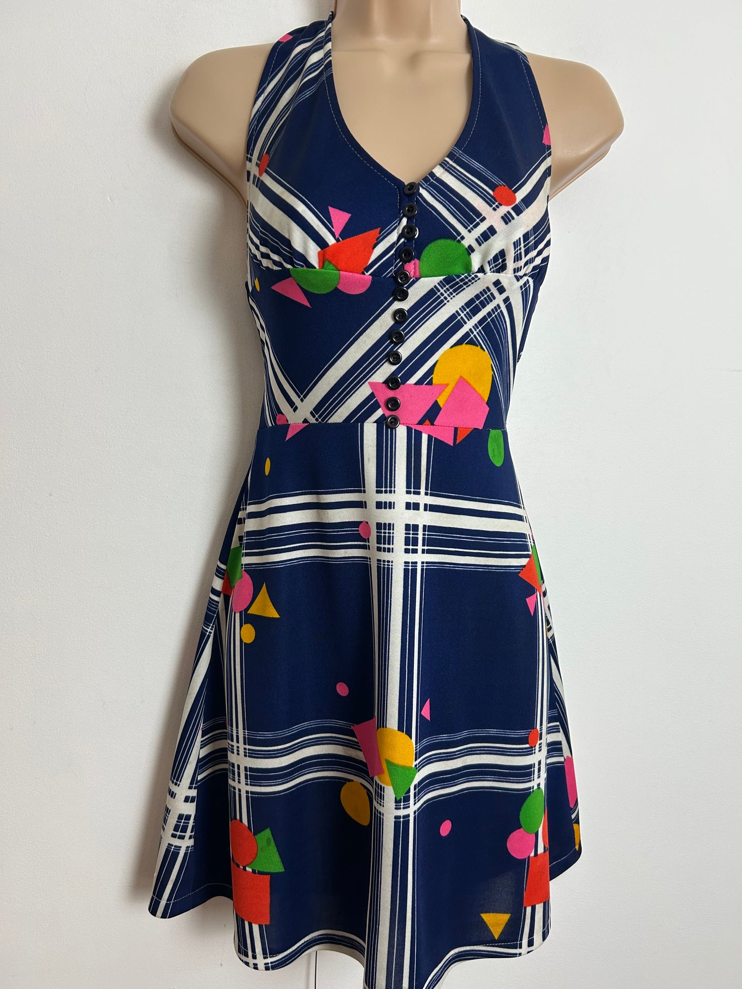 Vintage 1970s Size 6-8 Navy Blue White Pink Yellow & Green Abstract Print Halter Neck Summer Dress