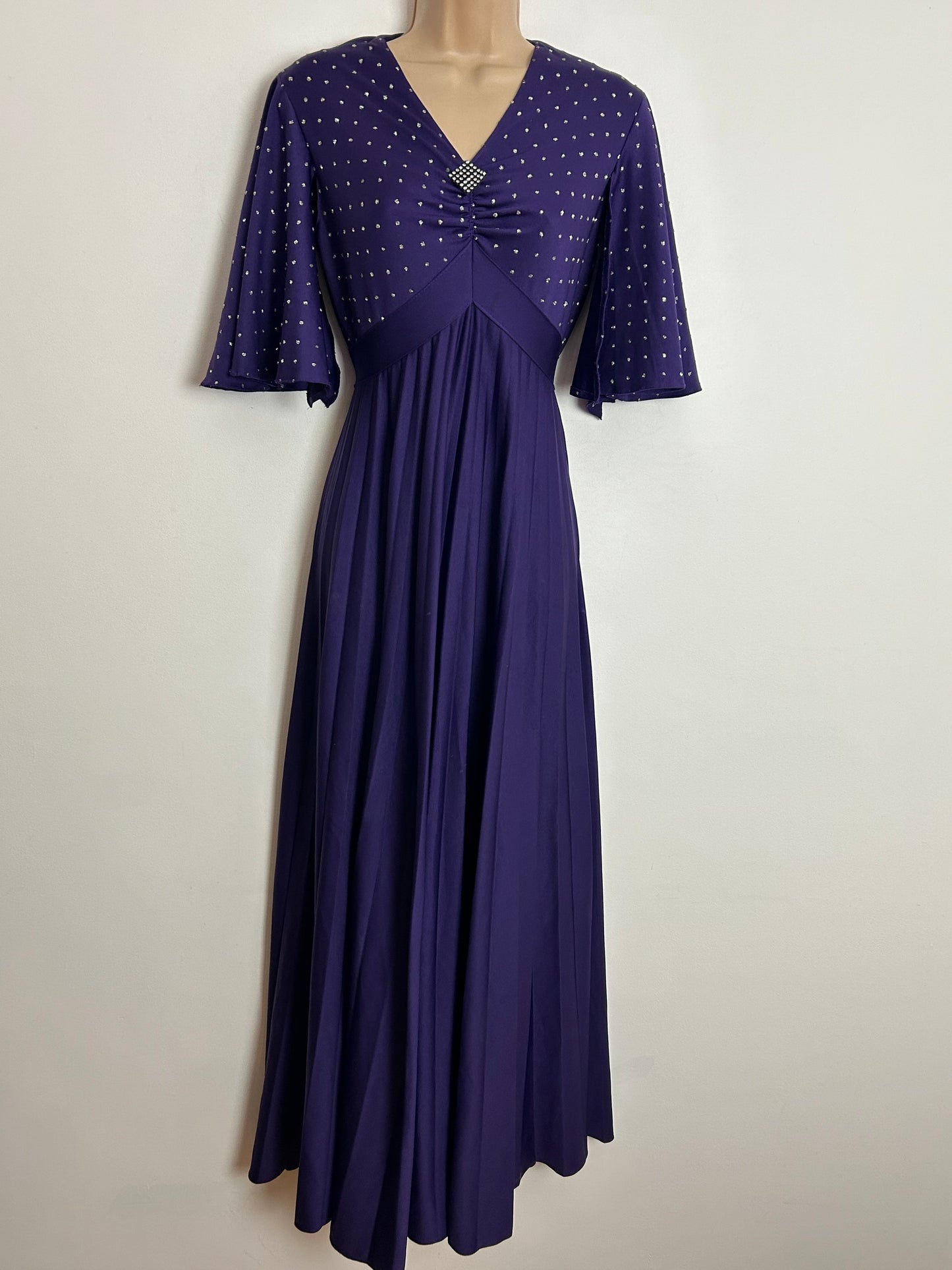 Vintage 1970s MAG FORTAIL UK Size 10 Purple & Silver Sequin Detail Pleated Occasion Maxi Dress