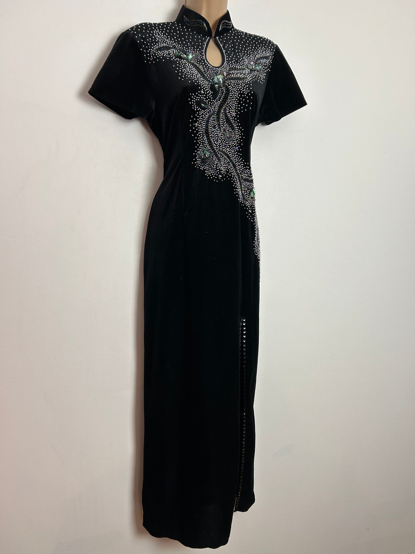 Vintage 1980s UK Size 10-12 Black Velvety Velour Bead & Sequin Embellished Evening Dress