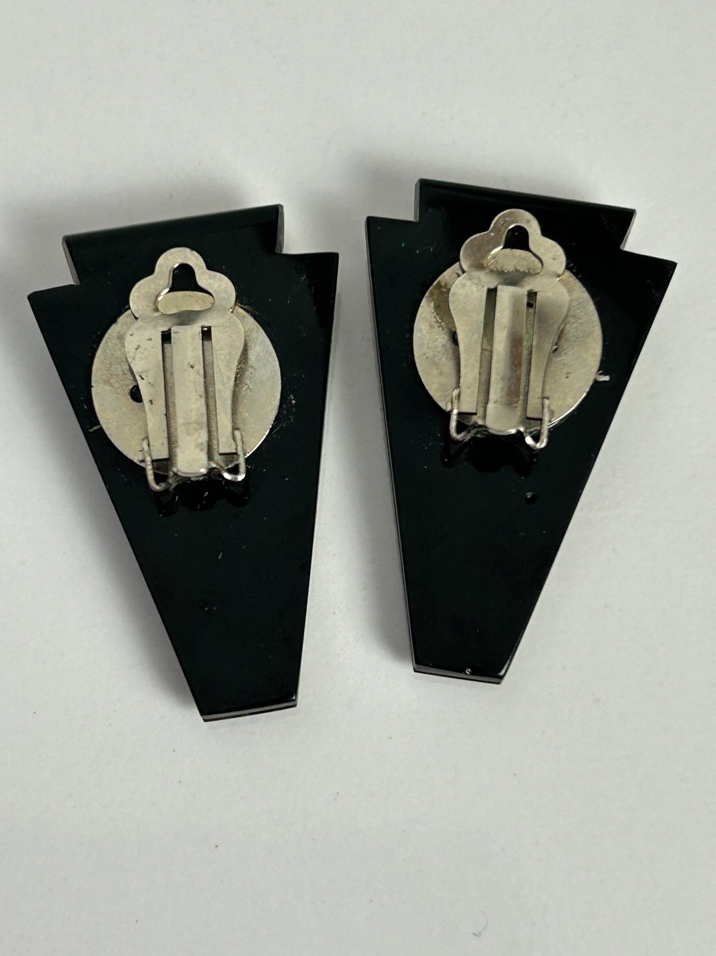 Vintage 1980s Brass Plastic & Mother Of Pearl Art Deco Style Clip On Earrings