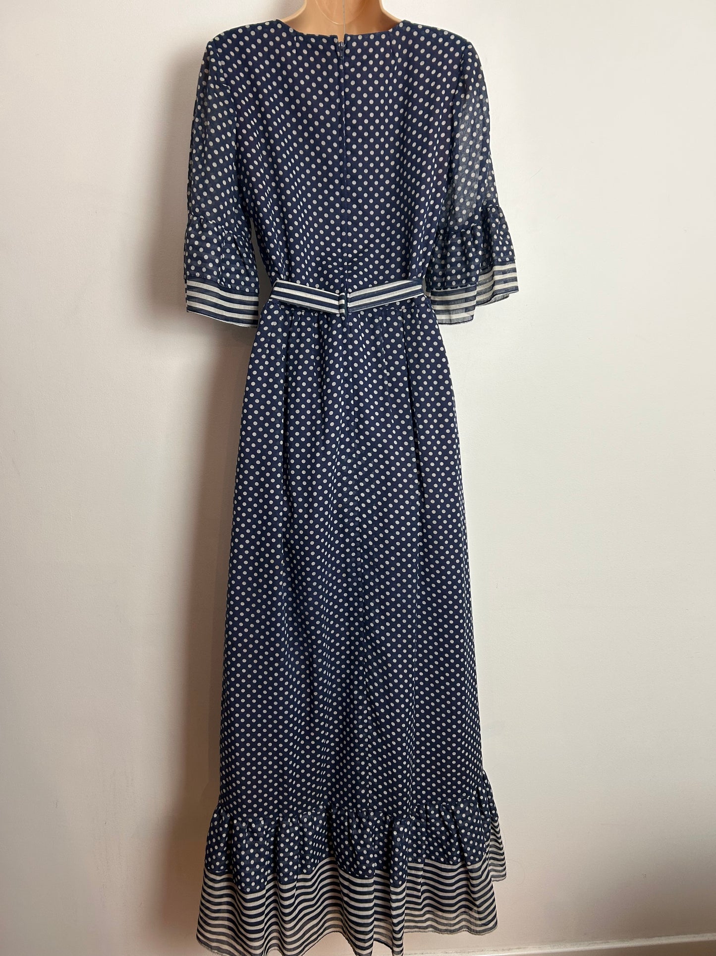Vintage 1970s KATI At Laura Phillips UK Size 10 Navy Blue & White Polka Dot & Stripe Print Cotton Mix Belted Boho Maxi Dress