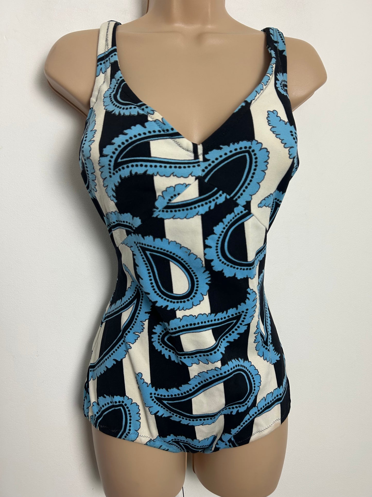 Vintage 1960s TRIOLA Size 16 Black White & Blue Stripe & Paisley Print Moulded Cup Swimsuit