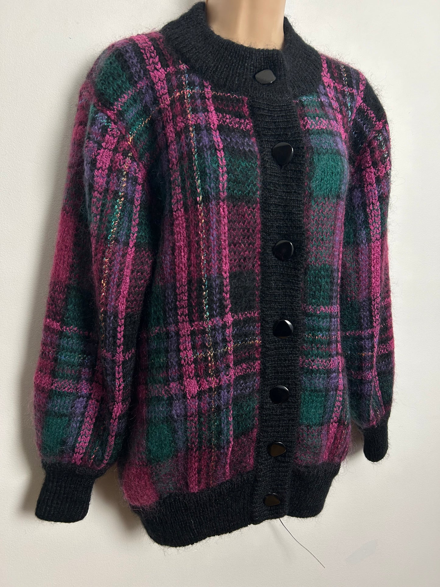 Vintage 1980s Up To Size 14 Black Green & Pink Check Mohair Mix Over Sized Cardigan
