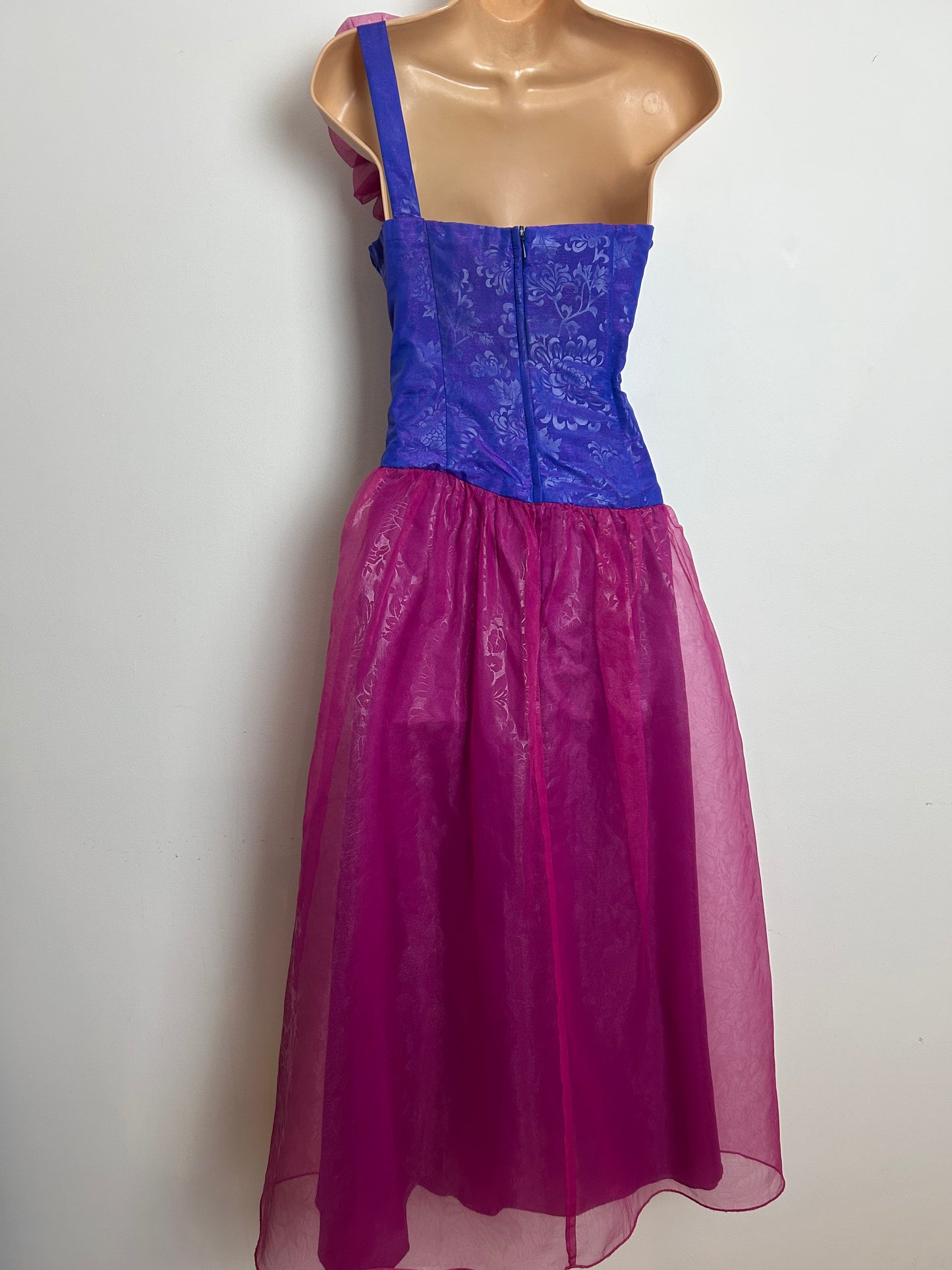 Vintage Extreme 1980s JAHN & PILL Size 10 Pink & Purple One Shoulder Party Prom Occasion Maxi Dress