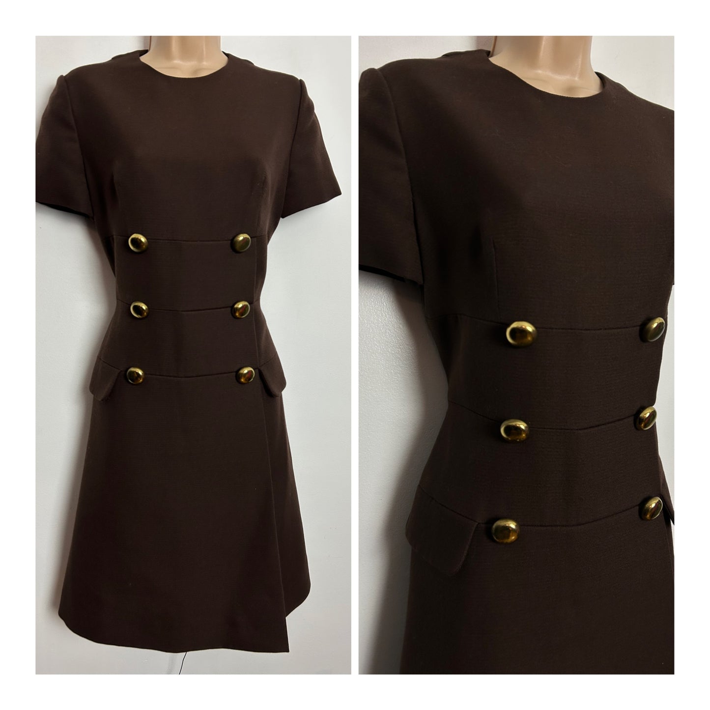 Vintage 1960s UK Size 10 Chocolate Brown Pure New Wool Military Style Short Sleeve Mod Dress