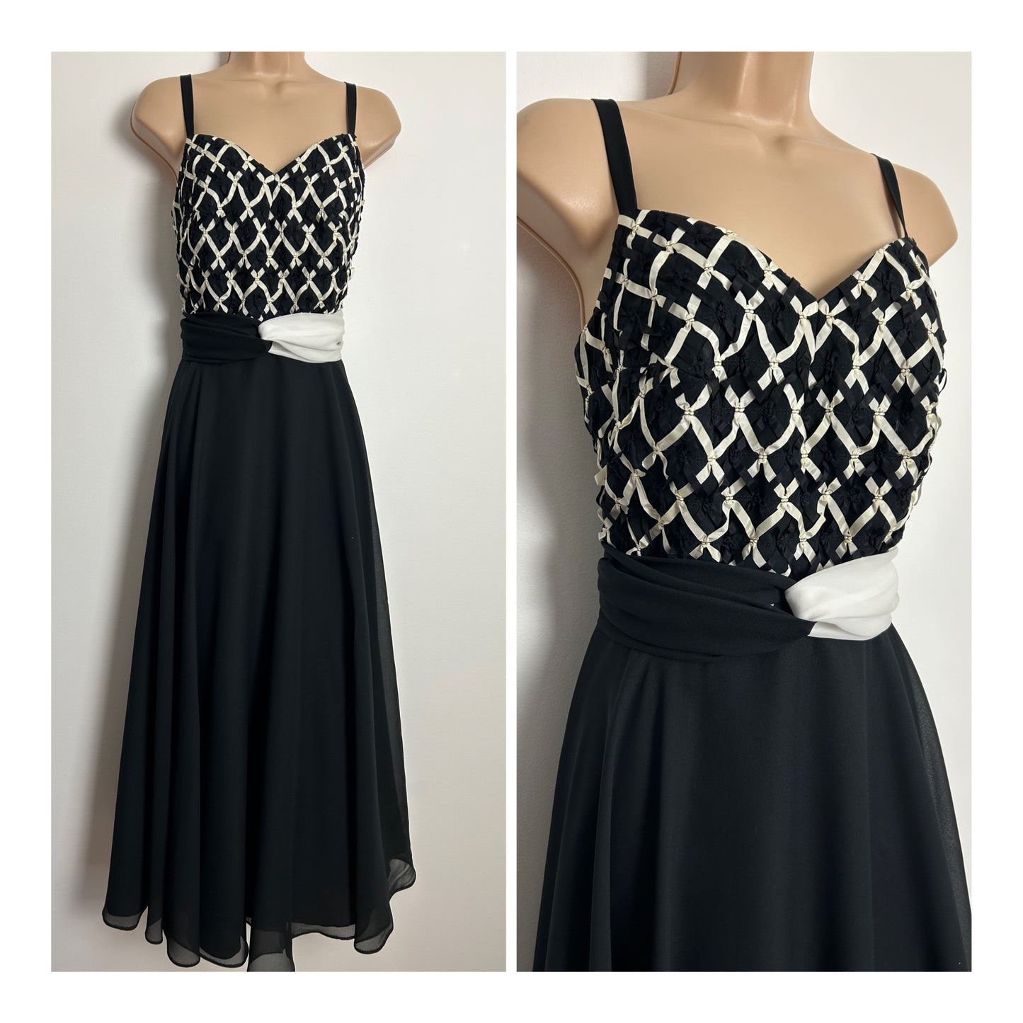 Vintage Early 1980s Size 10-12 Black & White Ribbon Lattice Detail Occasion Evening Gown