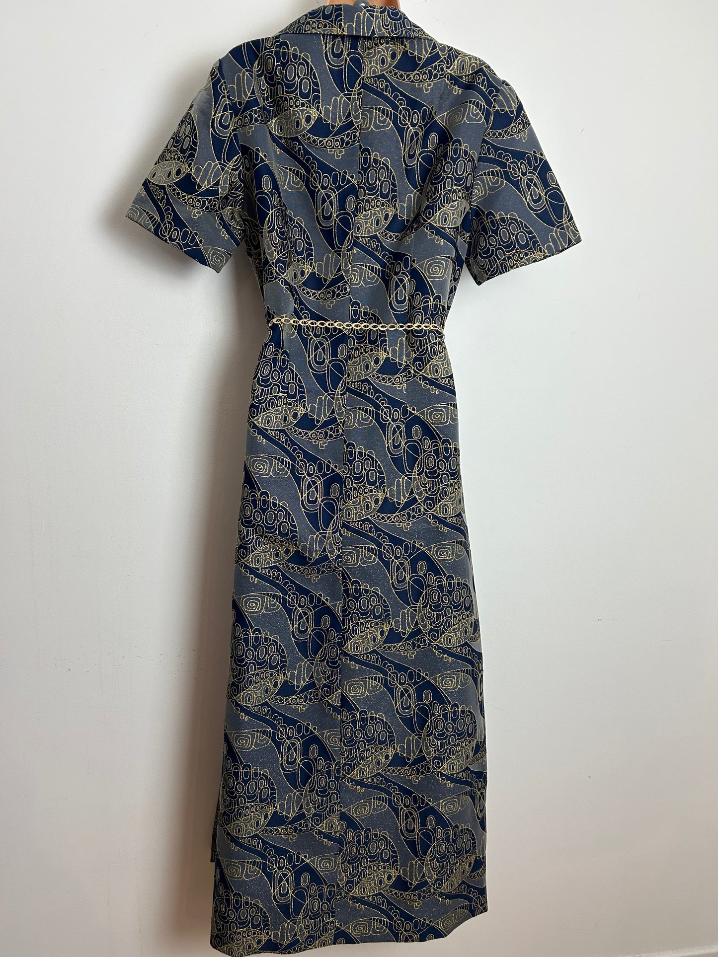 Vintage 1970s size 14 Blue & Gold Tones Abstract Print Belted Occasion Evening Maxi Dress