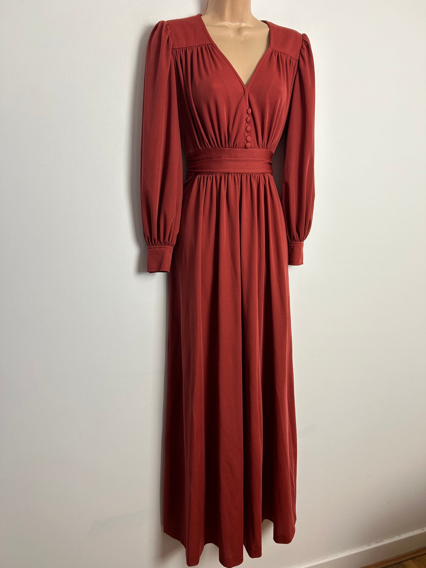 Vintage 1970s CREATION MADEMOISELLE UK Size 6-8 Terracotta Long Sleeve Gather Pleated Maxi Dress