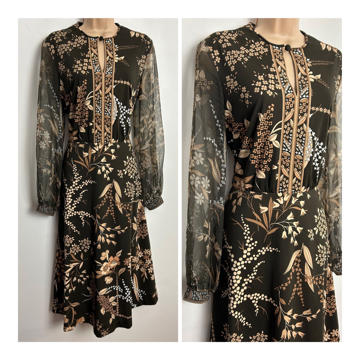 Vintage 1970s VERENA MODELLE UK Size 12 Brown Tones Floral Print Long Chiffon Sleeve Dress