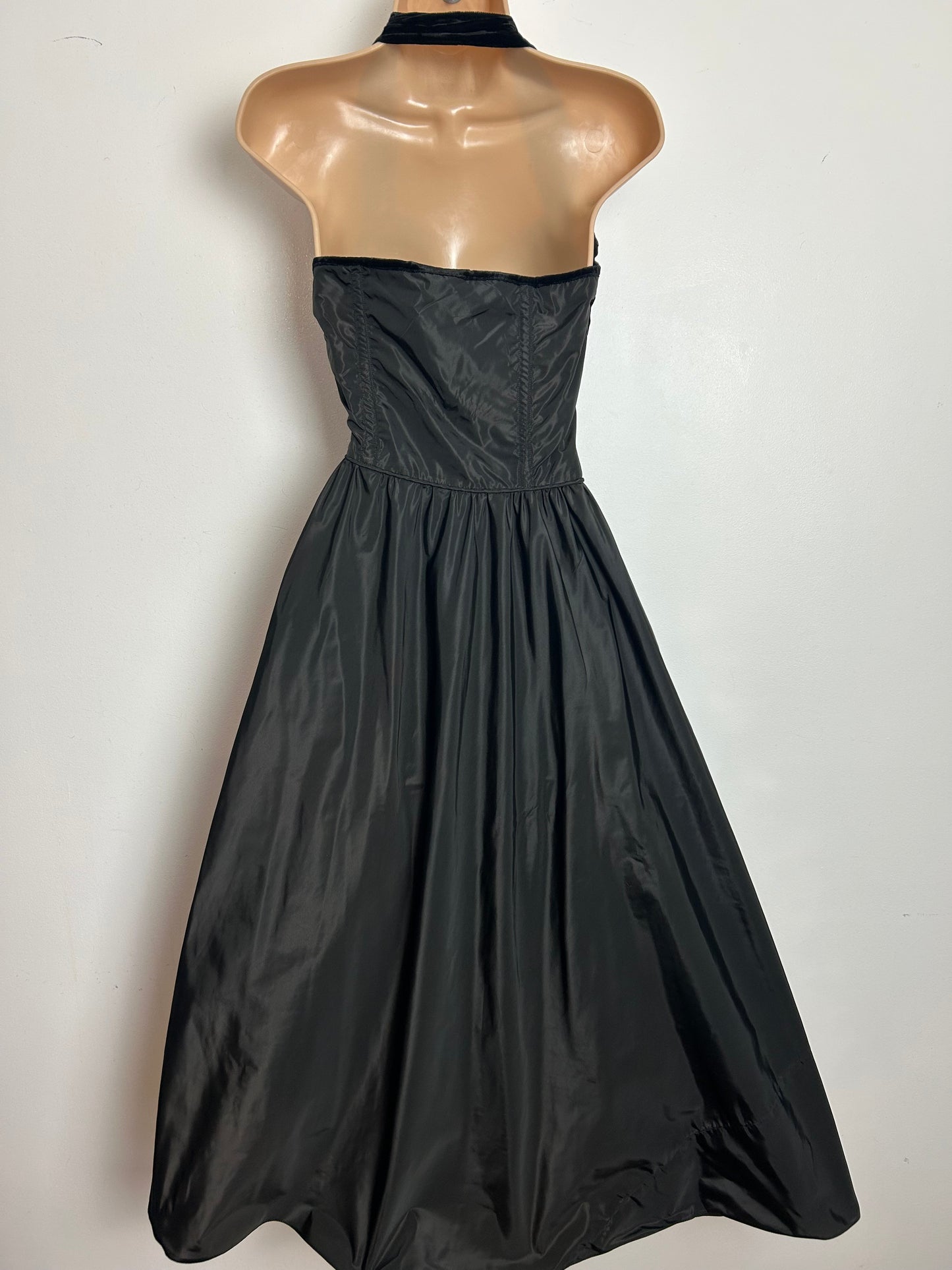 Vintage 1940s Size 6 Black Acetate & Velvet Trim Halter Neck Occasion Evening Xmas Party Dress