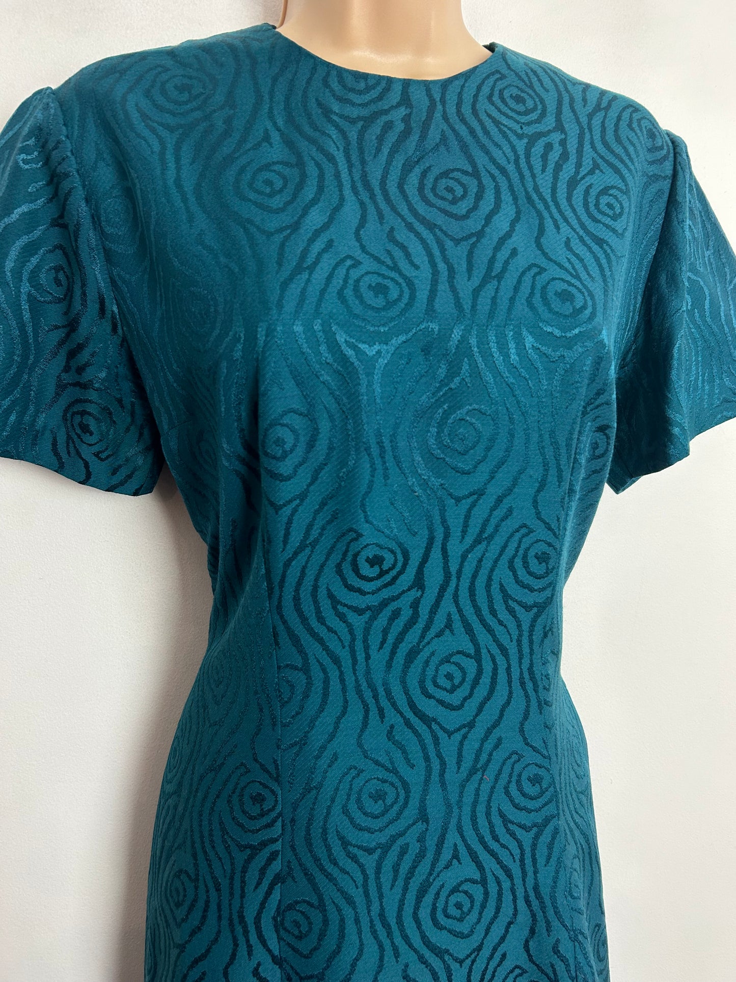 Vintage 1960s UK Size 12 Teal Metallic Abstract Pattern Short Sleeve Mod Shift Dress