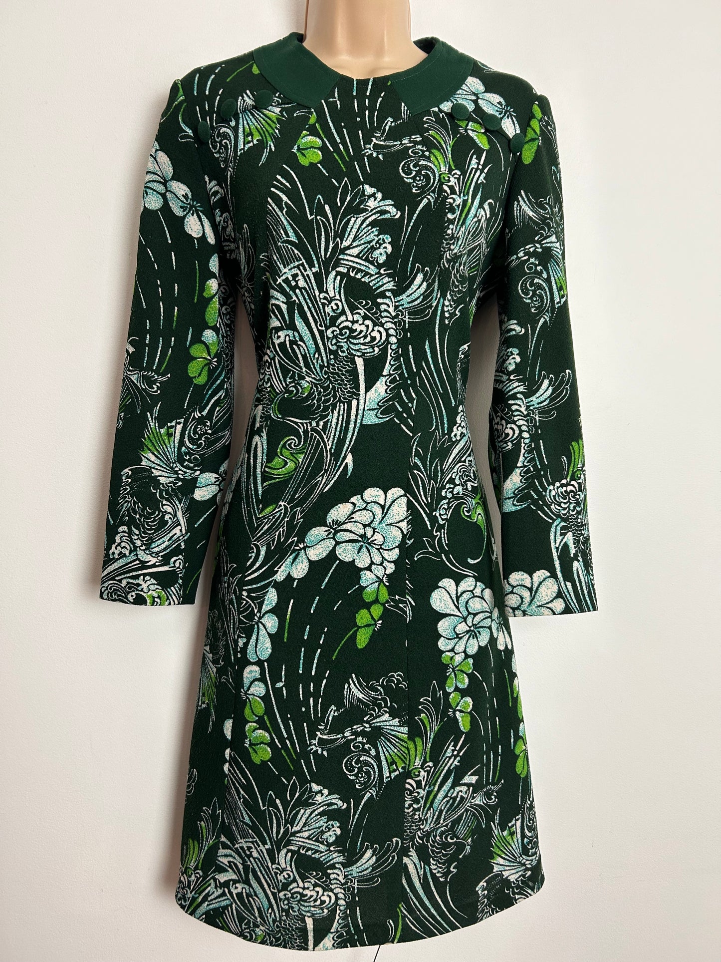 Vintage 1960s UK Size 12 Dark Green Floral Print Long Sleeve Poly Jersey Mod Shift Dress